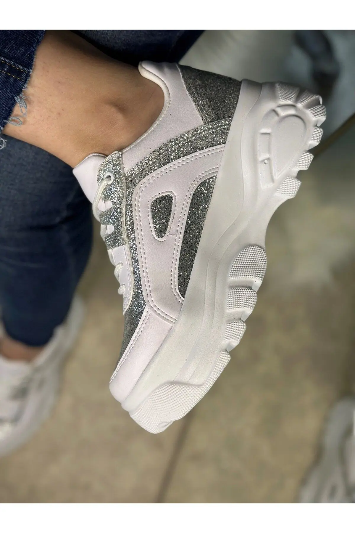 Günlük Kadın Beyaz Simli Spor Ayakkabı Yüksek Taban 6 Cm Sneaker 001