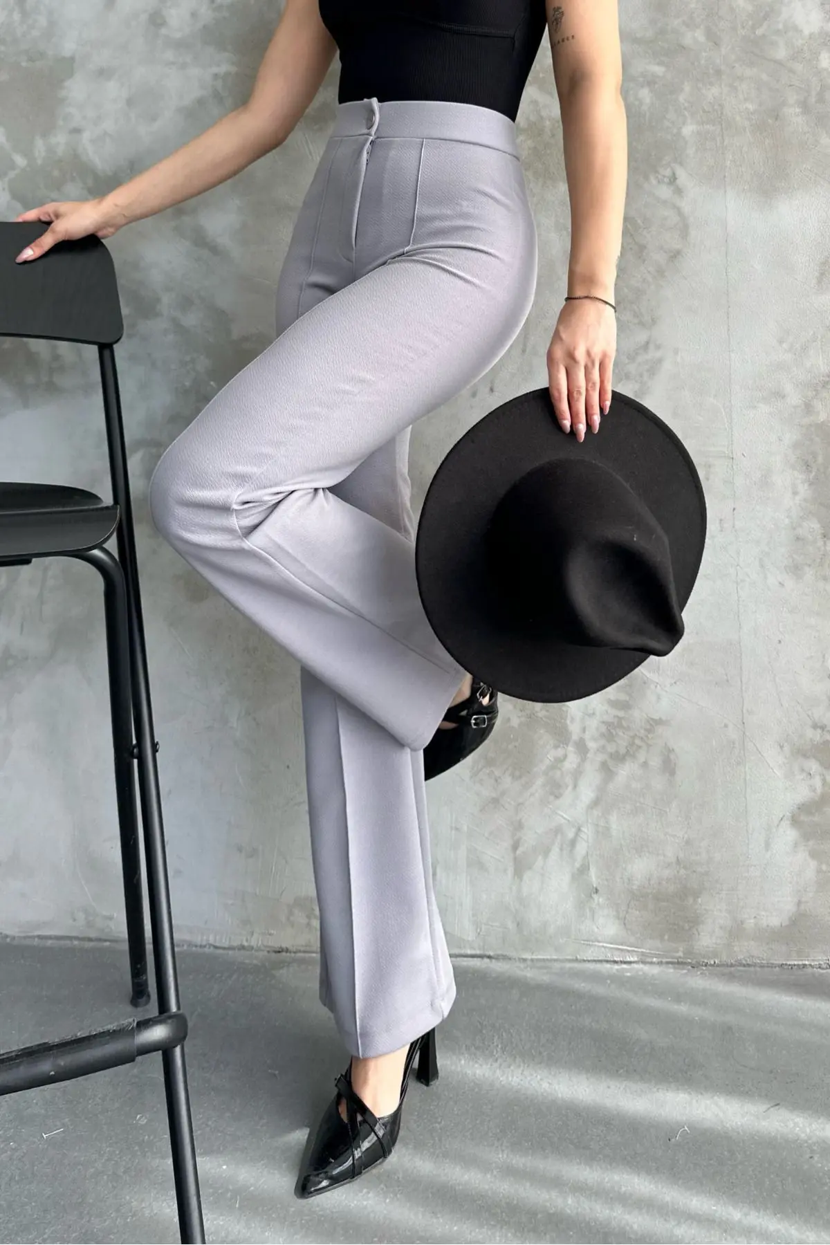 Kadın Yüksek Bel Toparlayıcı Ispanyol Paça Palazzo Gri Pantolon