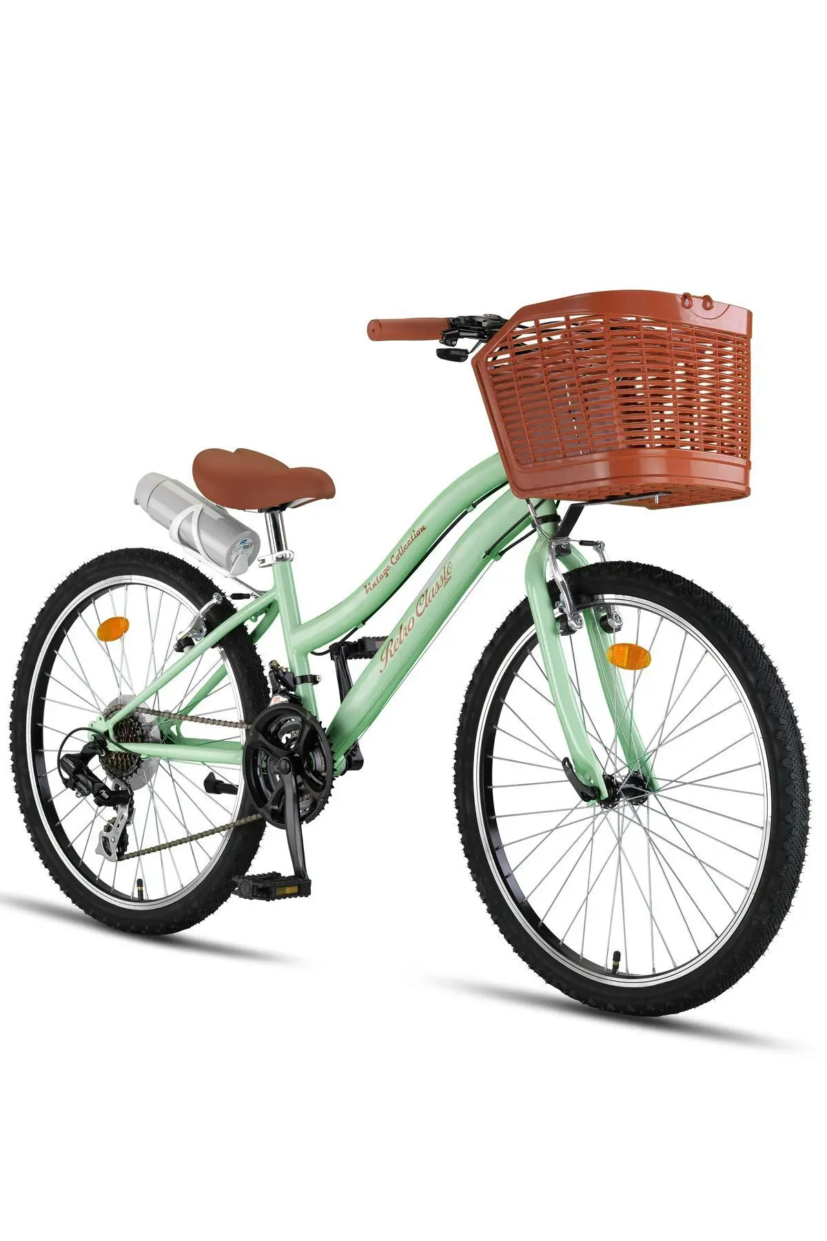 Trendbisiklet Retro Classic 24 Jant 21 Vites Shımano, Sepetli Şehir Bisikleti Mint Yeşili-kahve