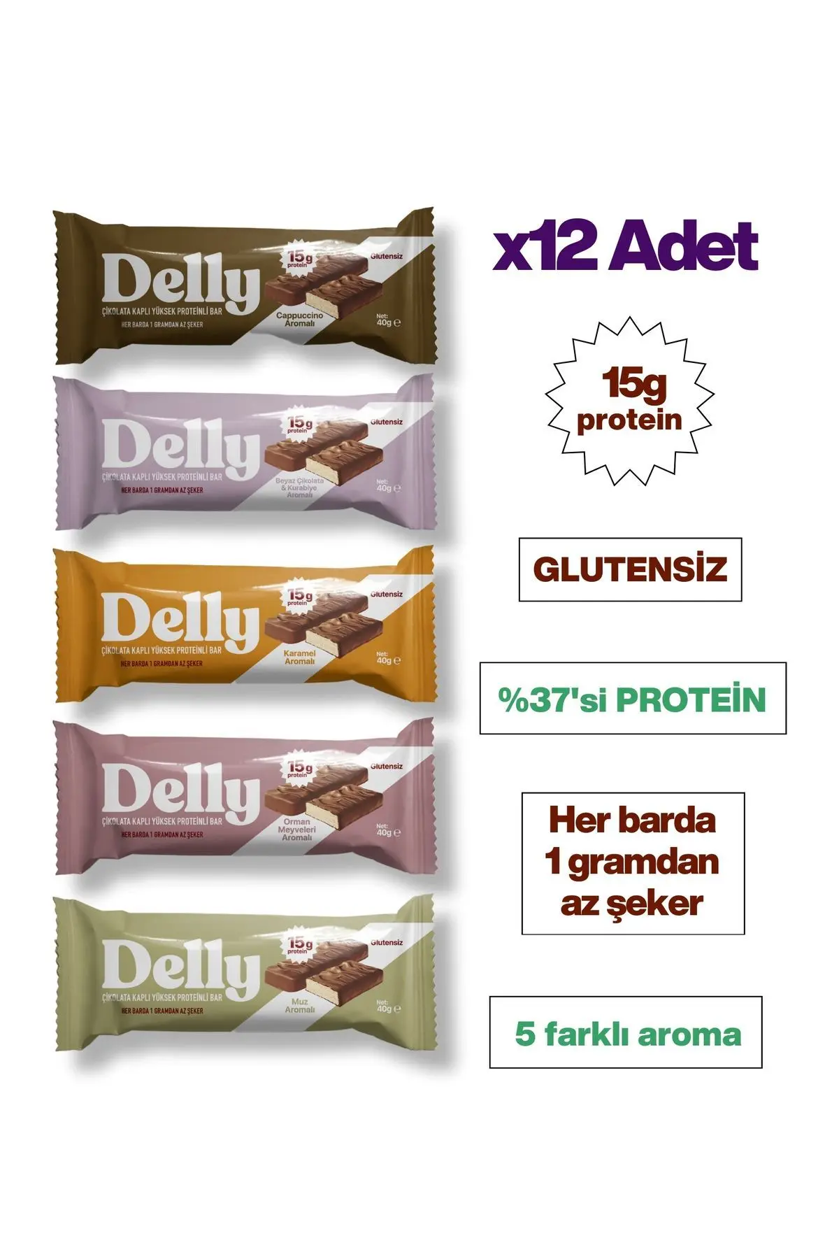 Delly Çikolata Kaplı - Yüksek Proteinli Bar  Karışık Kutu (12 Adet)