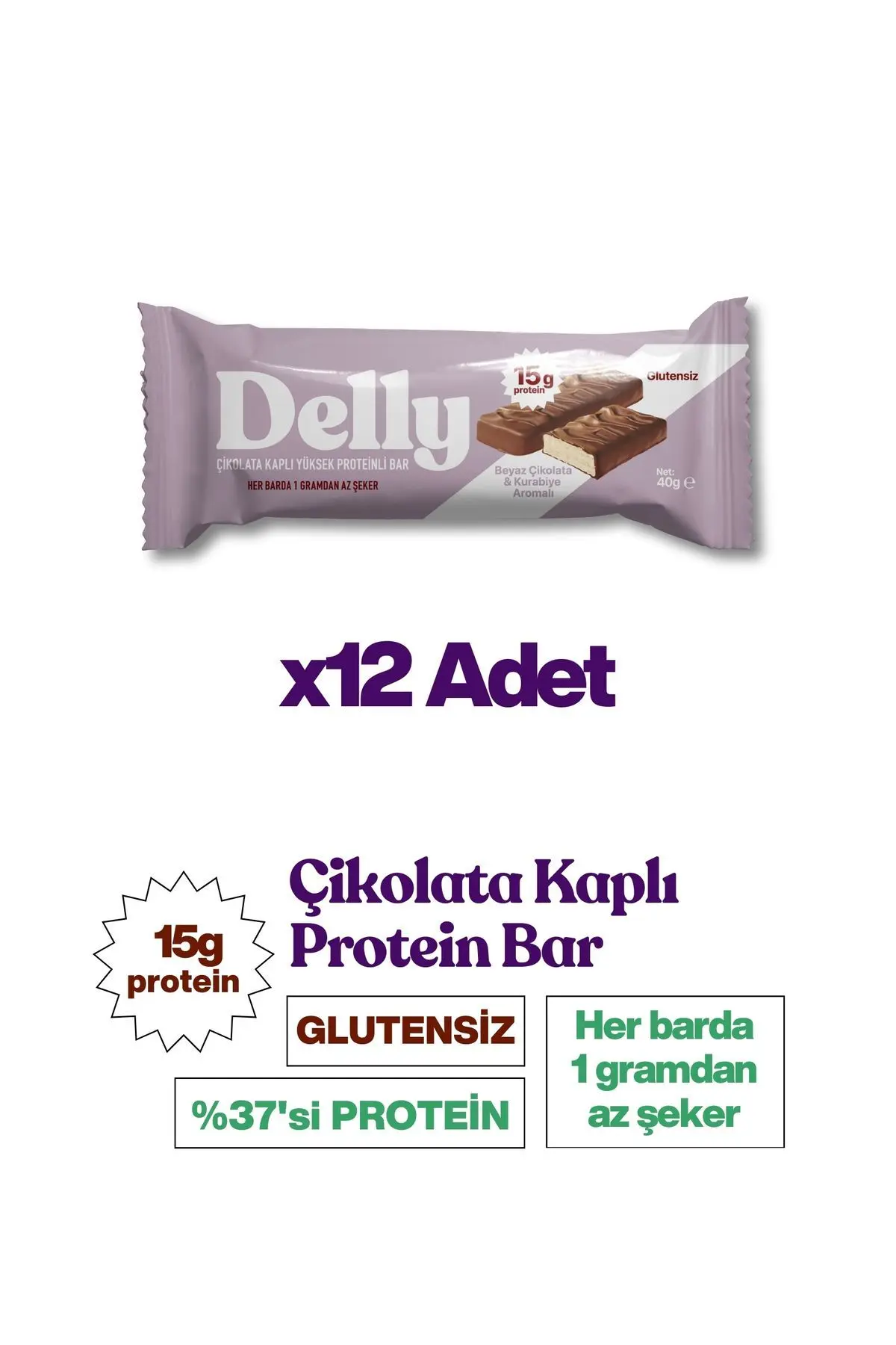 Delly Çikolata Kaplı, Yüksek Proteinli Bar, Beyaz Çikolata Ve Kurabiye Aromalı 40g X 12 Adet