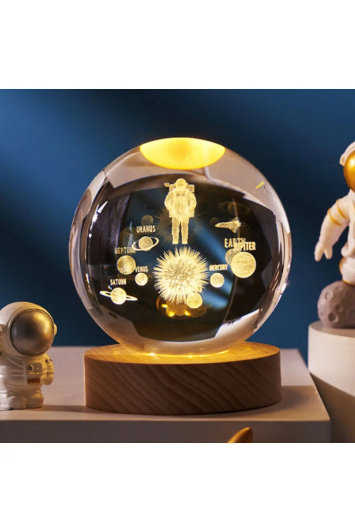 Kristal Cam Küre LED Işıklı USB Ahşap Tabanlı 3D Ev Oda Ofis İş Masaüstü Dekoratif Vip Set