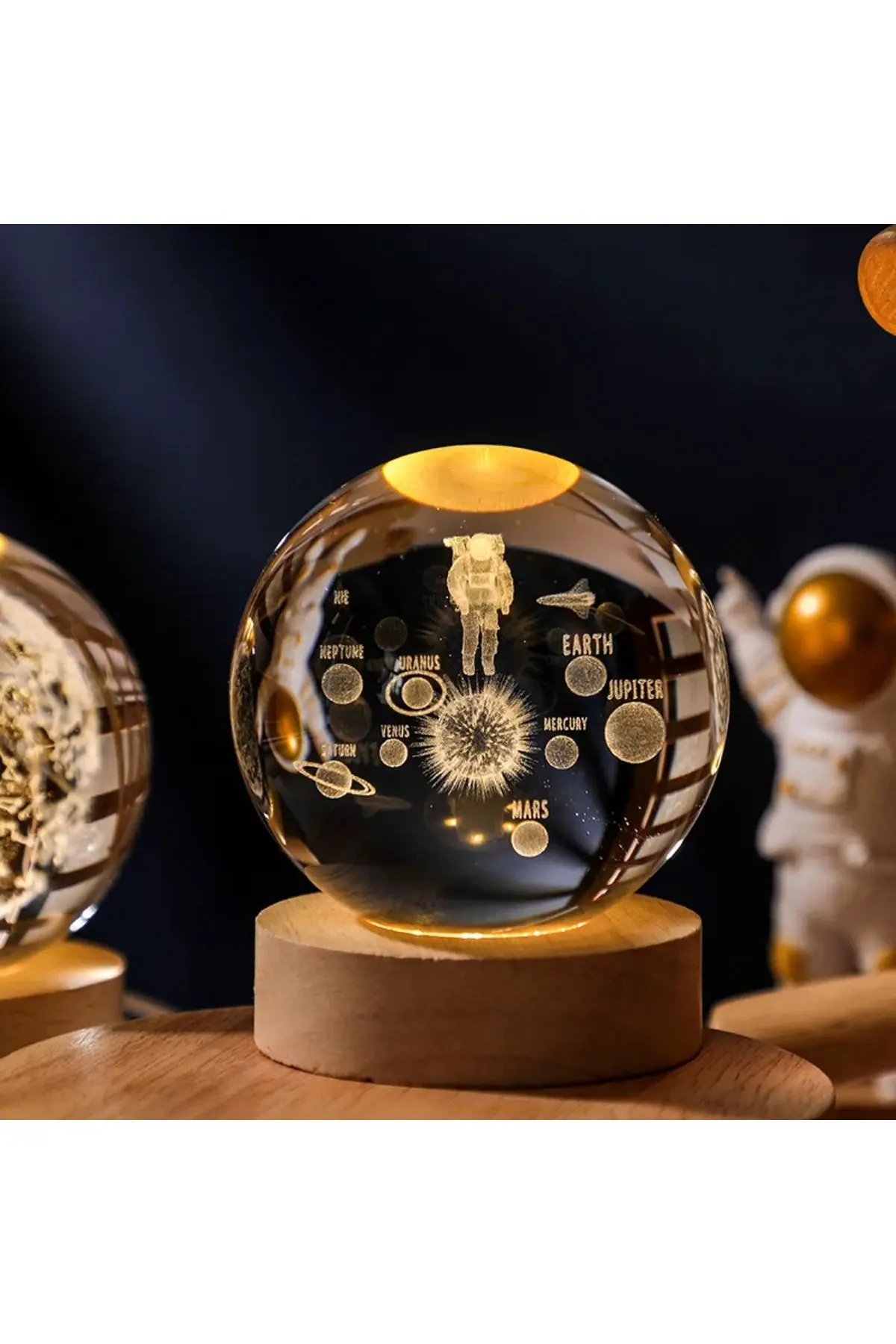 Kristal Cam Küre LED Işıklı USB Ahşap Tabanlı 3D Ev Oda Ofis İş Masaüstü Dekoratif Vip Set