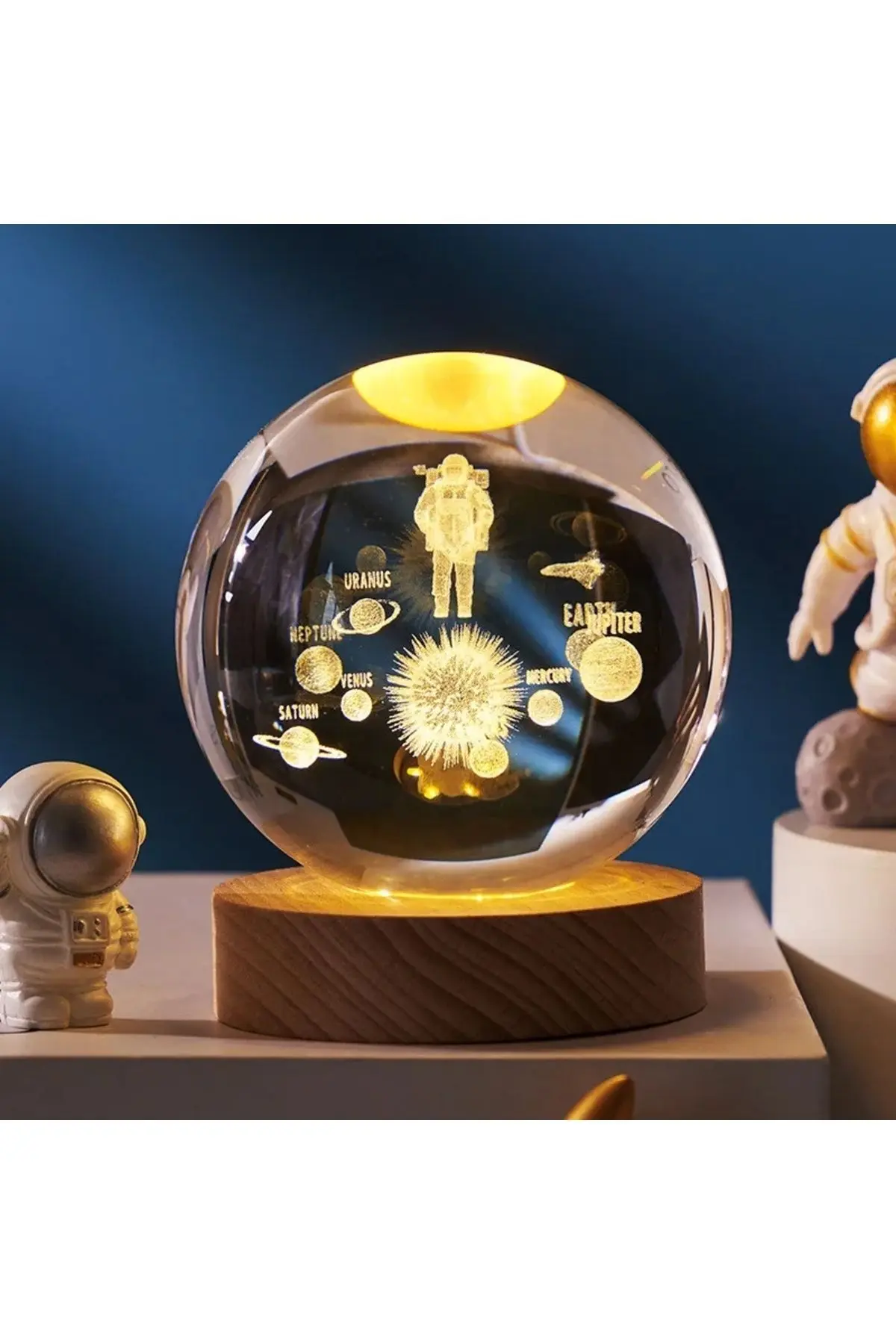 Kristal Cam Küre LED Işıklı USB Ahşap Tabanlı 3D Ev Oda Ofis İş Masaüstü Dekoratif Vip Set