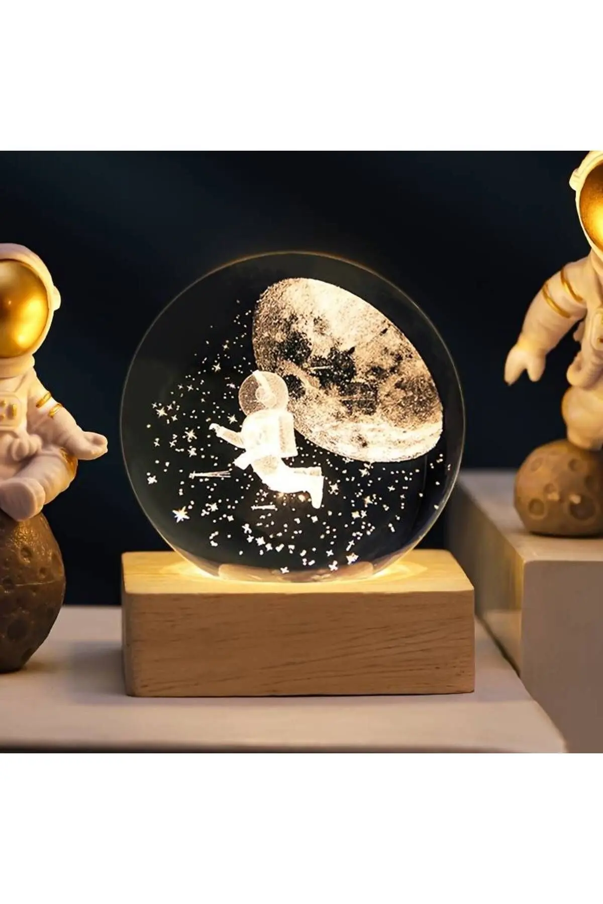 Kristal Cam Küre LED Işıklı USB Ahşap Tabanlı 3D