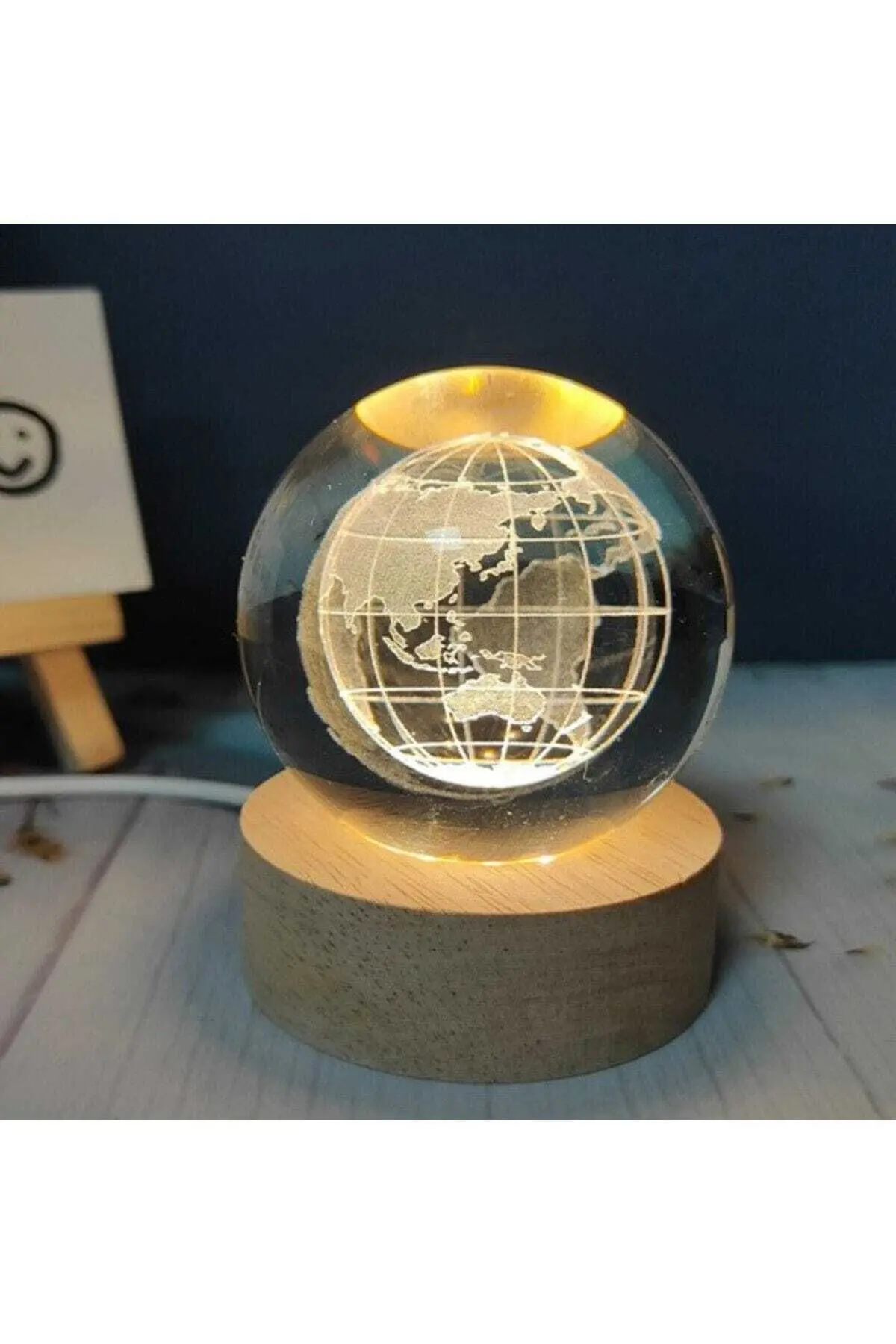 Kristal Cam Küre LED Işıklı USB Ahşap Tabanlı 3D Ev Oda Ofis İş Masaüstü Dekoratif Hediyelik Vip Set