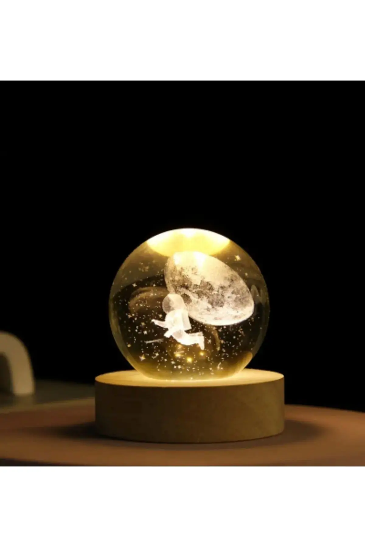 Kristal Cam Küre LED Işıklı USB Ahşap Tabanlı 3D