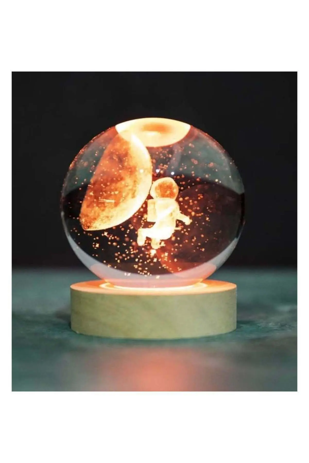 Kristal Cam Küre LED Işıklı USB Ahşap Tabanlı 3D