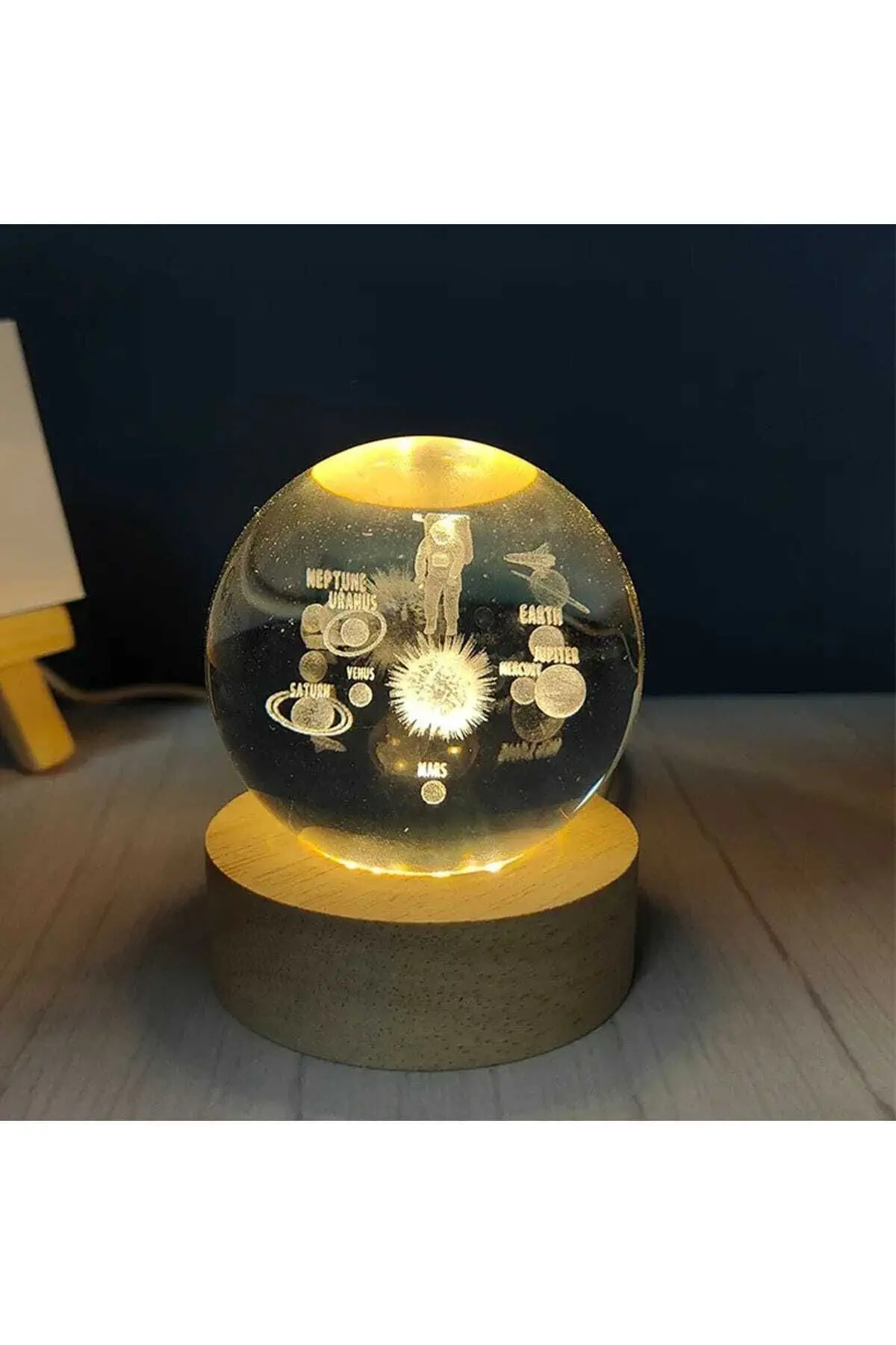 Kristal Cam Küre LED Işıklı USB Ahşap Tabanlı 3D Ev Oda Ofis İş Masaüstü Dekoratif Vip Set