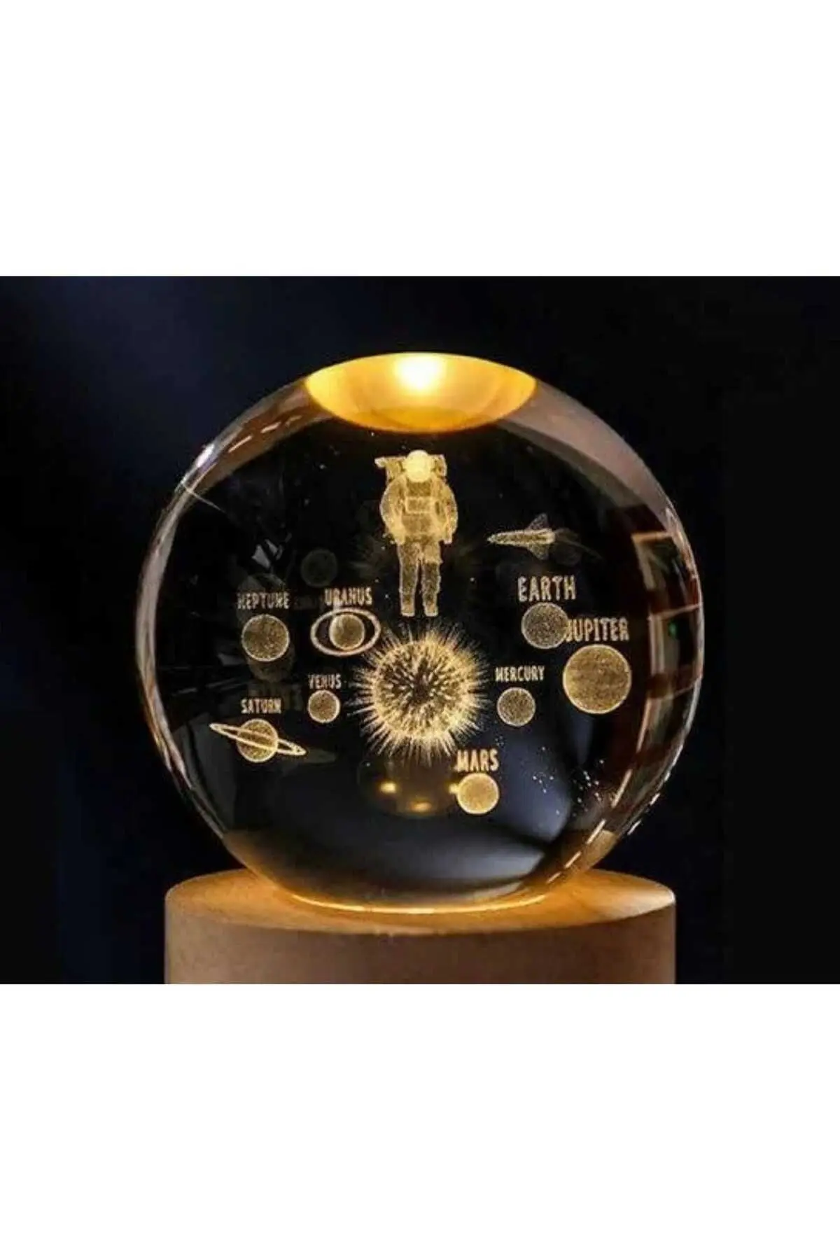 Kristal Cam Küre LED Işıklı USB Ahşap Tabanlı 3D Ev Oda Ofis İş Masaüstü Dekoratif Vip Set