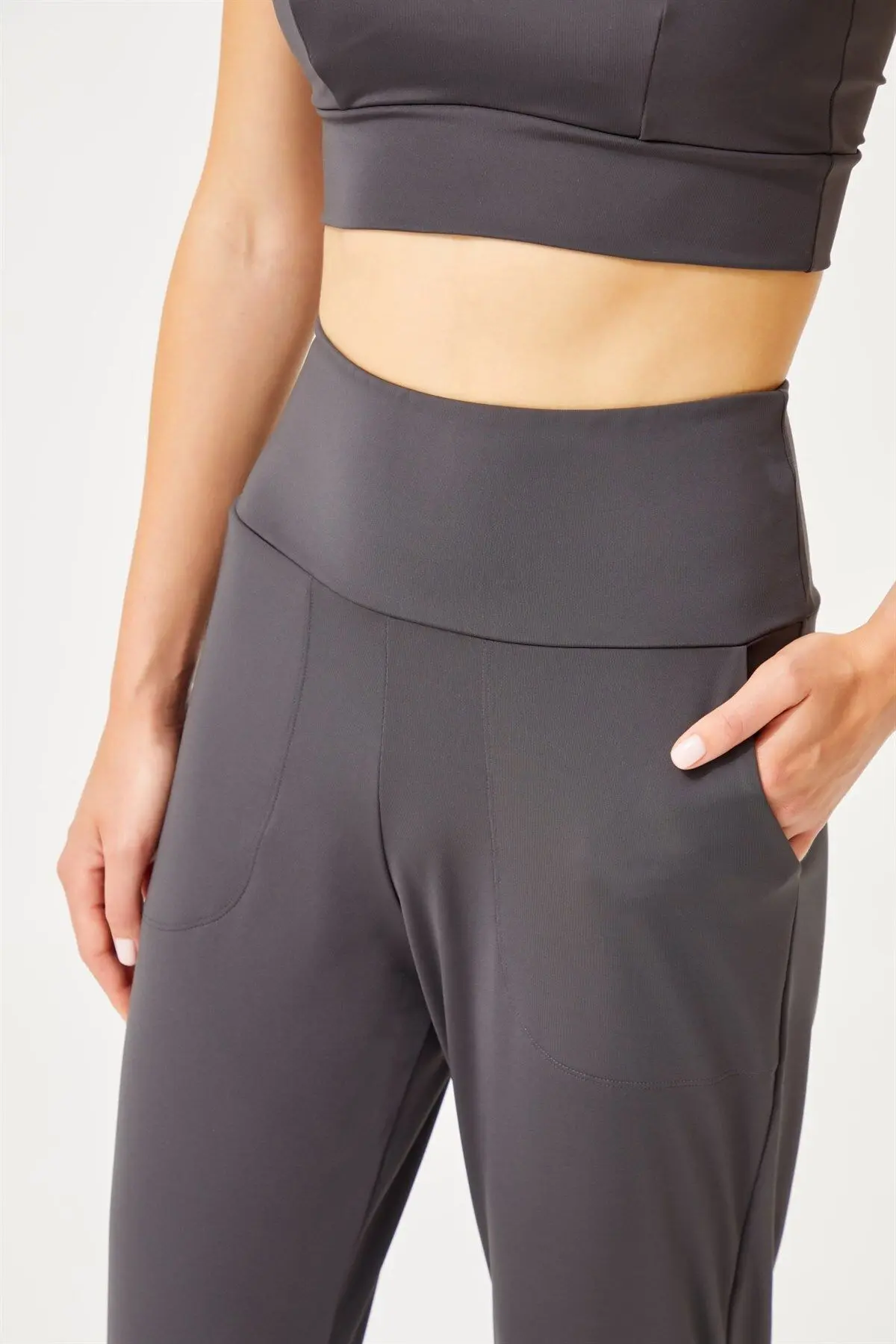 Füme Yüksek Bel Çift Cepli Kadın Jogger Eşofman Altı