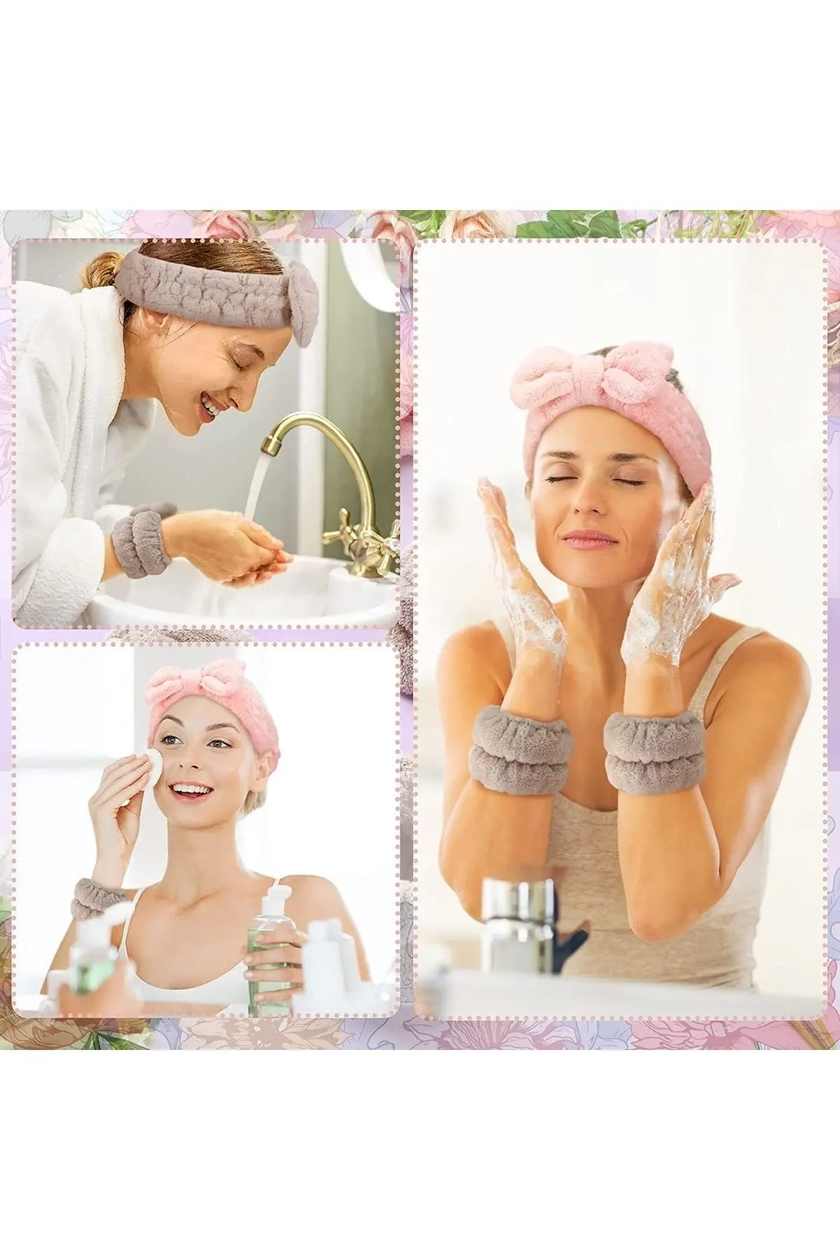 2 Adet Pembe Bileklik Makyaj Yüz Cilt Bakımı Ve Yıkama Kol Bandı Sporcu Spa Bileklik