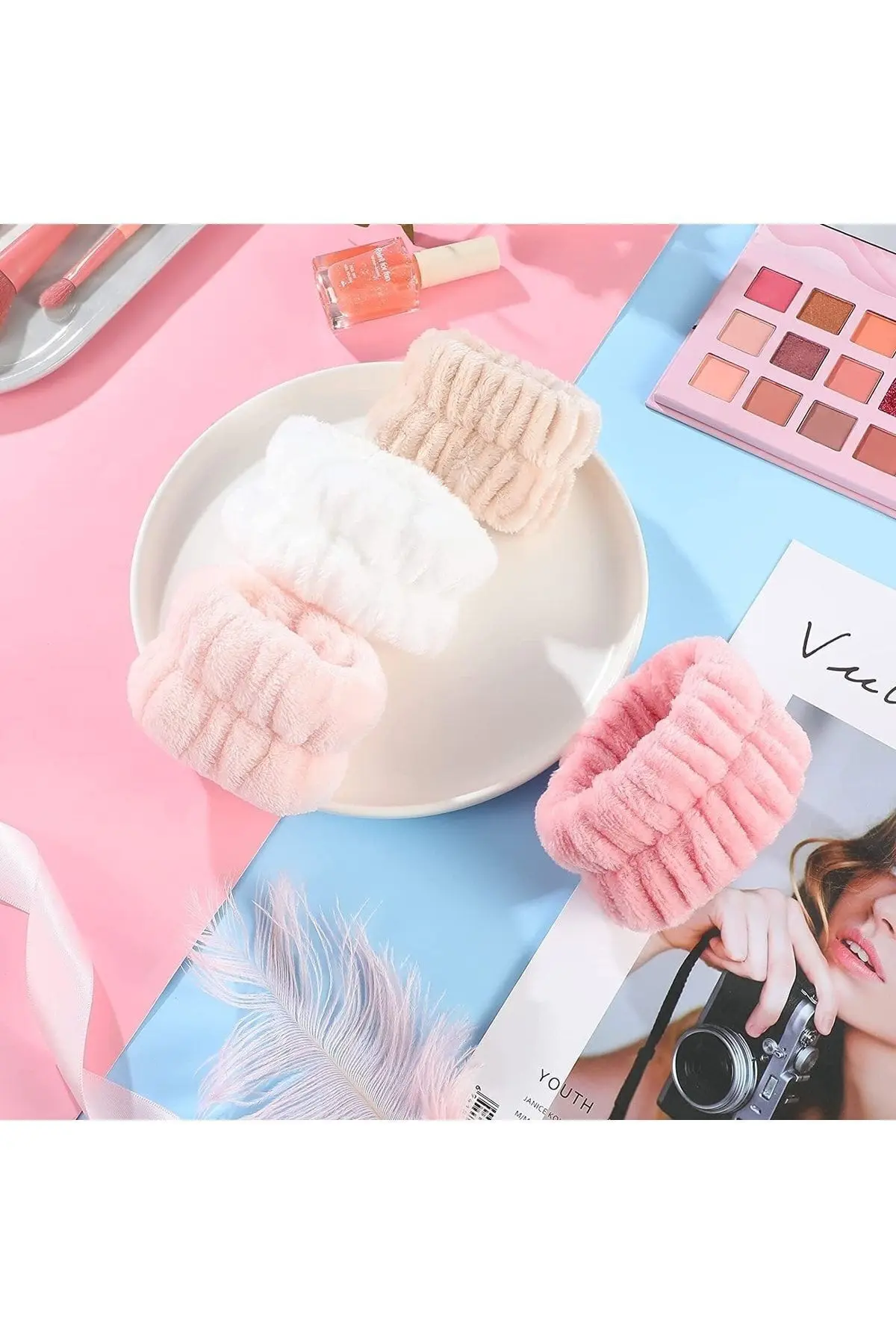 2 Adet Pembe Bileklik Makyaj Yüz Cilt Bakımı Ve Yıkama Kol Bandı Sporcu Spa Bileklik