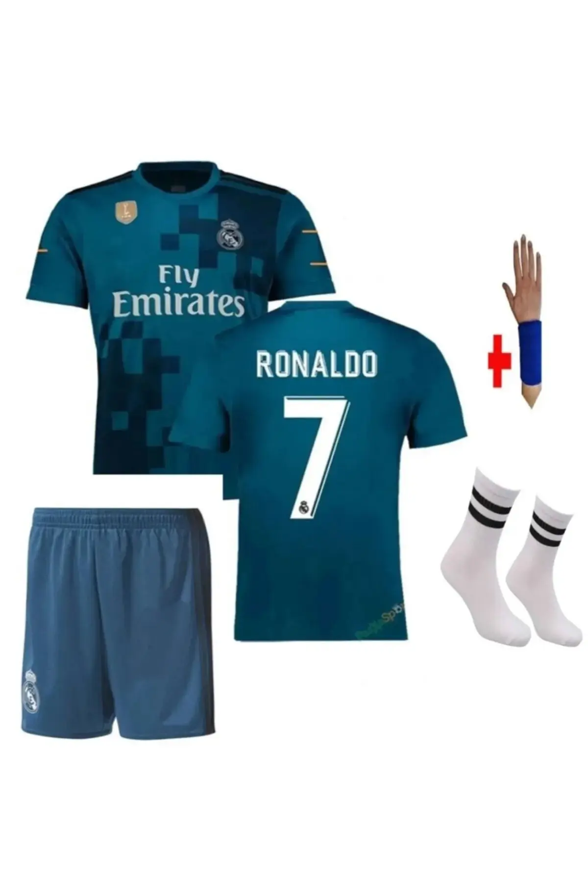 gran coupe Ronaldo 4lü Set Çoçuk Forması 2018 Real Madrid Deplasman Turkuaz Forması