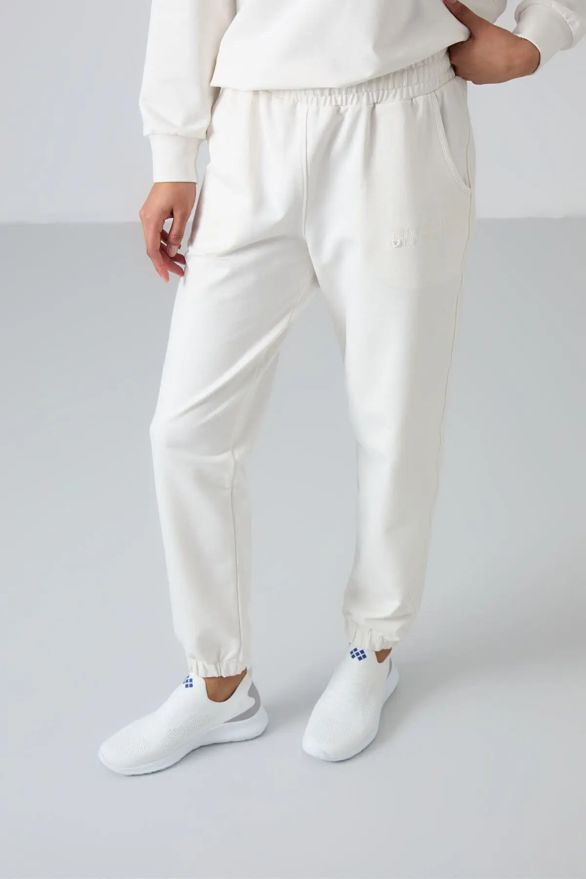 Ekru O Yaka Oversize Lastik Paça Kadın Eşofman Takım - 95287