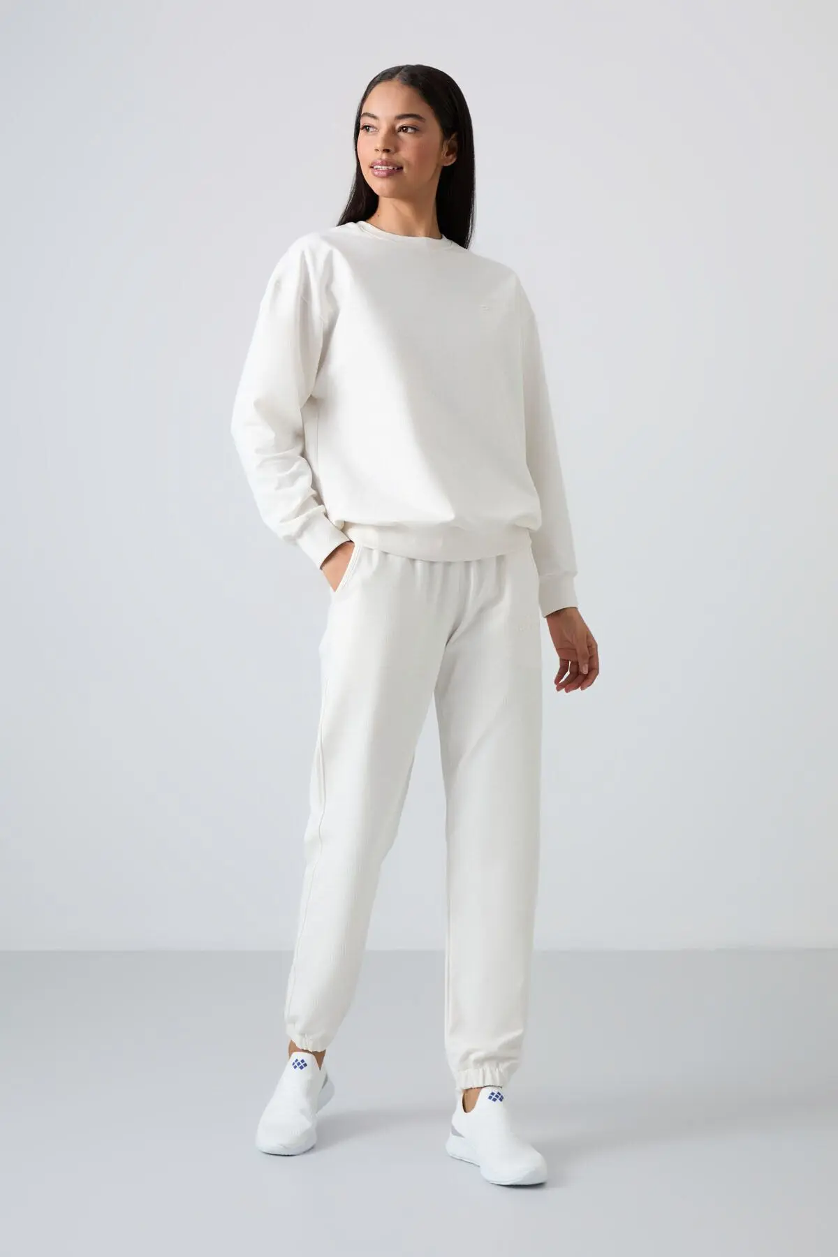 Ekru O Yaka Oversize Lastik Paça Kadın Eşofman Takım - 95287