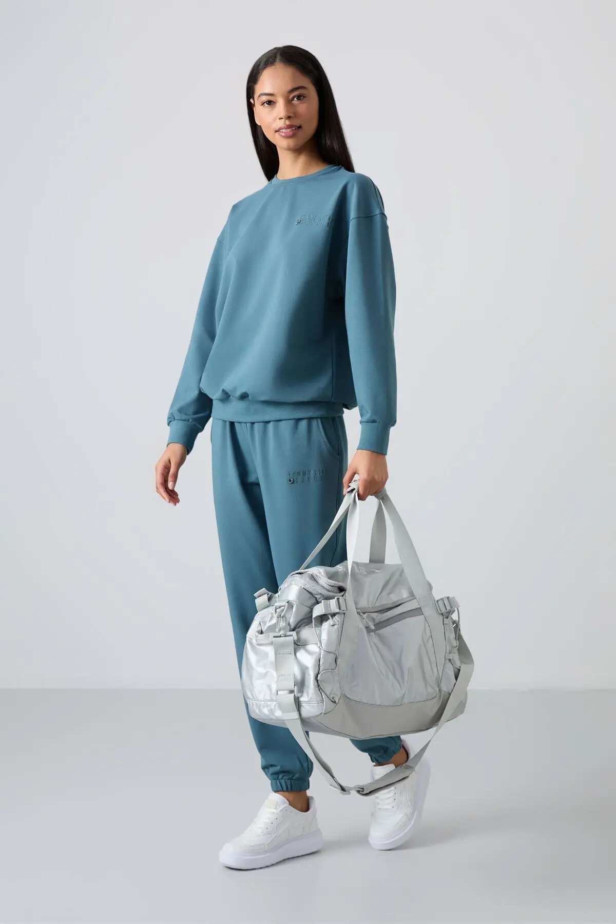 Orman Yeşili O Yaka Oversize Lastik Paça Kadın Eşofman Takım - 95287