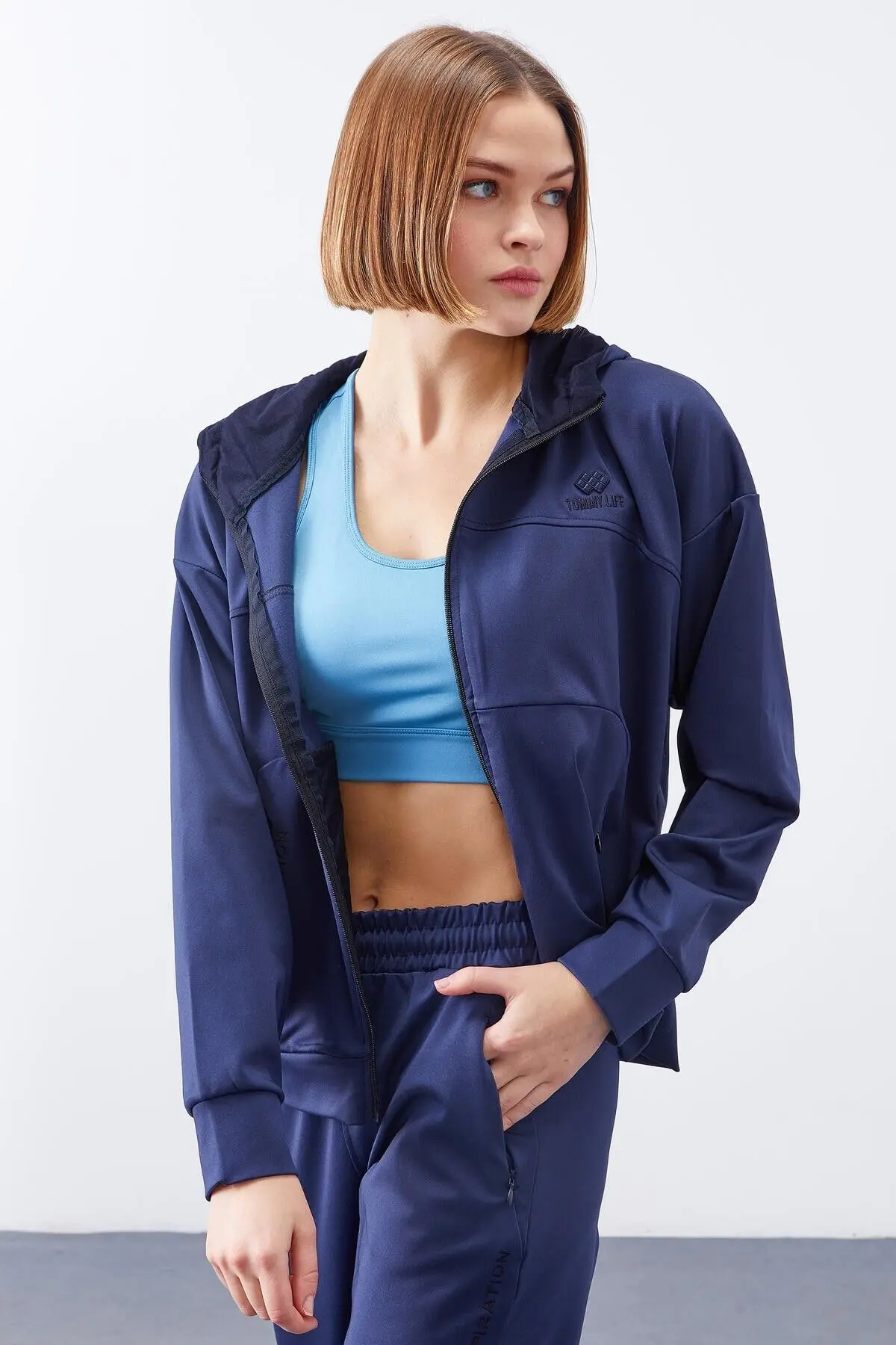 İndigo Kapüşonlu Gizli Cep Detaylı Standart Kalıp Kadın Eşofman Takımı - 95306