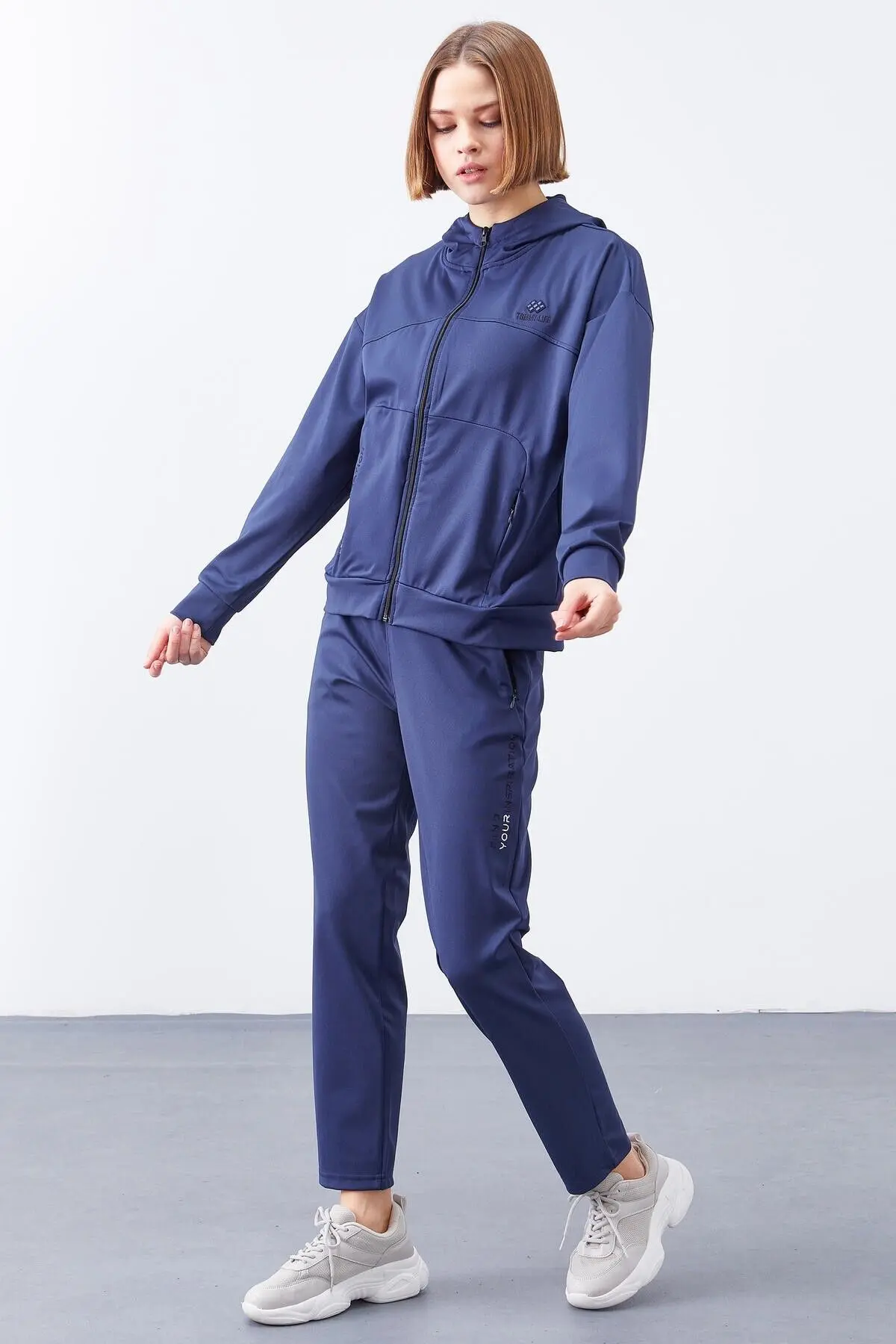 İndigo Kapüşonlu Gizli Cep Detaylı Standart Kalıp Kadın Eşofman Takımı - 95306