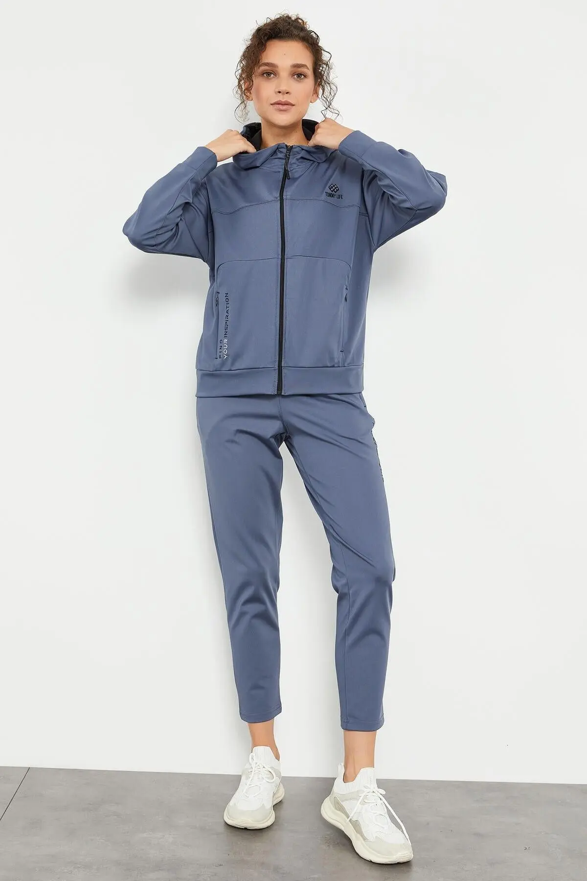 Petrol Kapüşonlu Gizli Cep Detaylı Standart Kalıp Kadın Eşofman Takımı - 95306