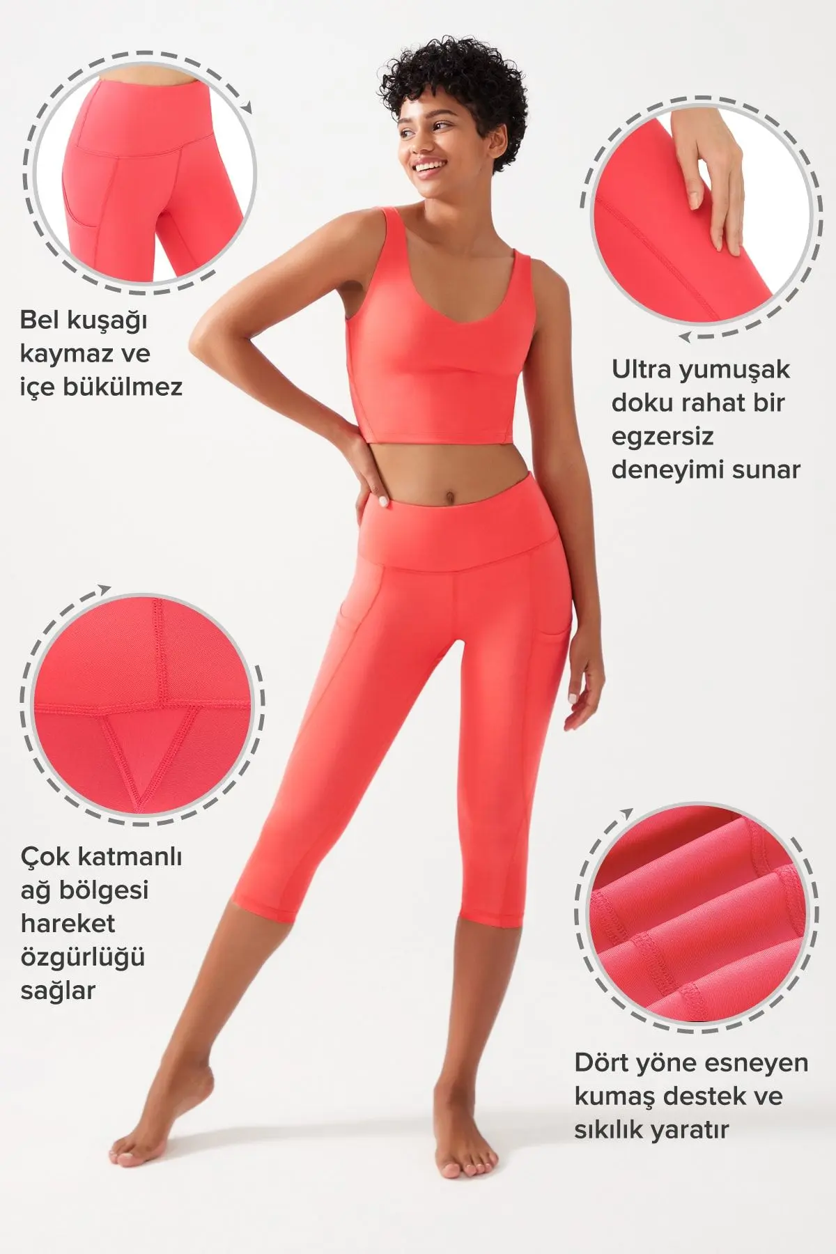 Kadın Mercan Yüksek Bel Toparlayıcı Çift Cepli Diz Altı Kapri Tayt Capri