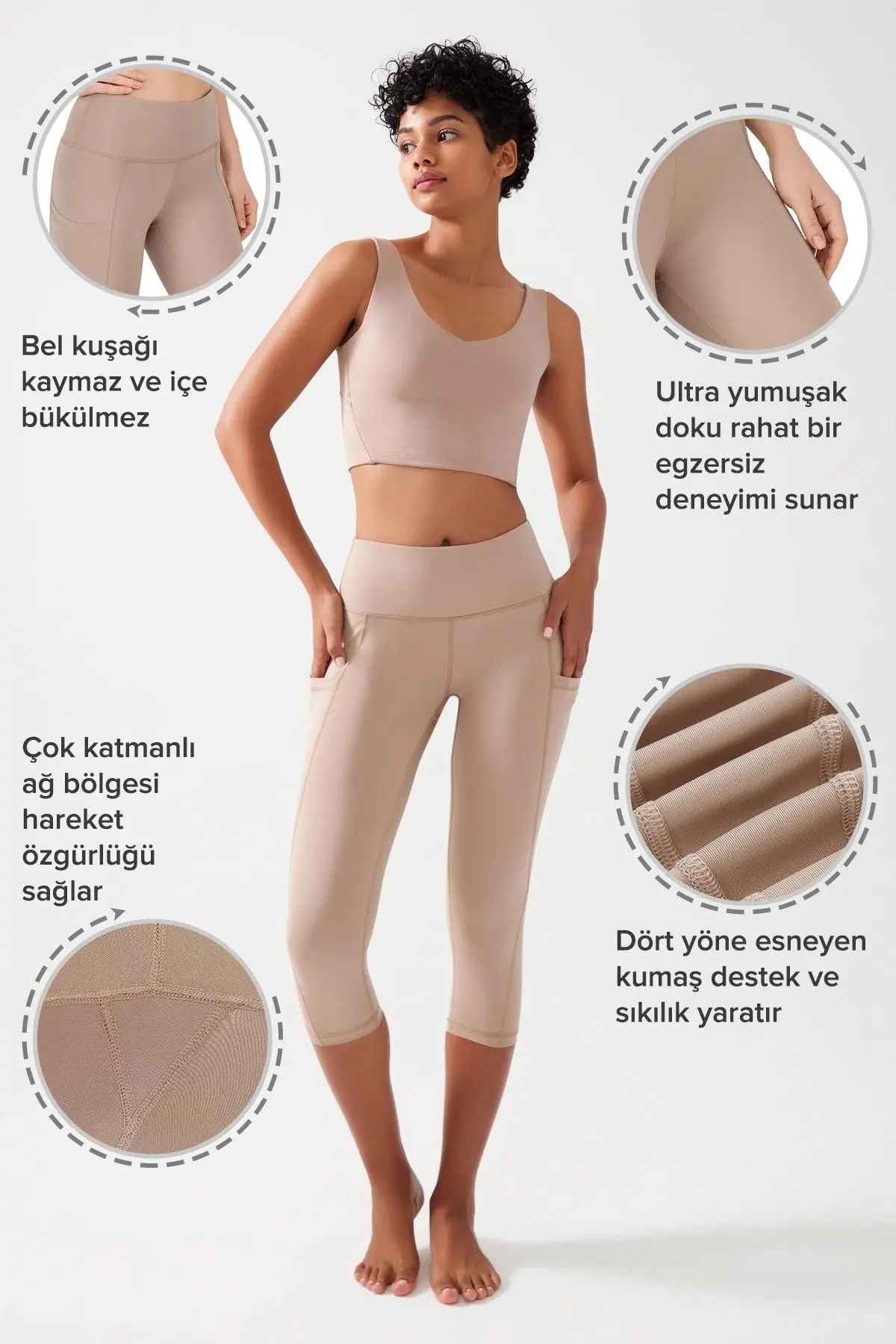 Kadın Bej Yüksek Bel Toparlayıcı Çift Cepli Diz Altı Kapri Tayt Capri