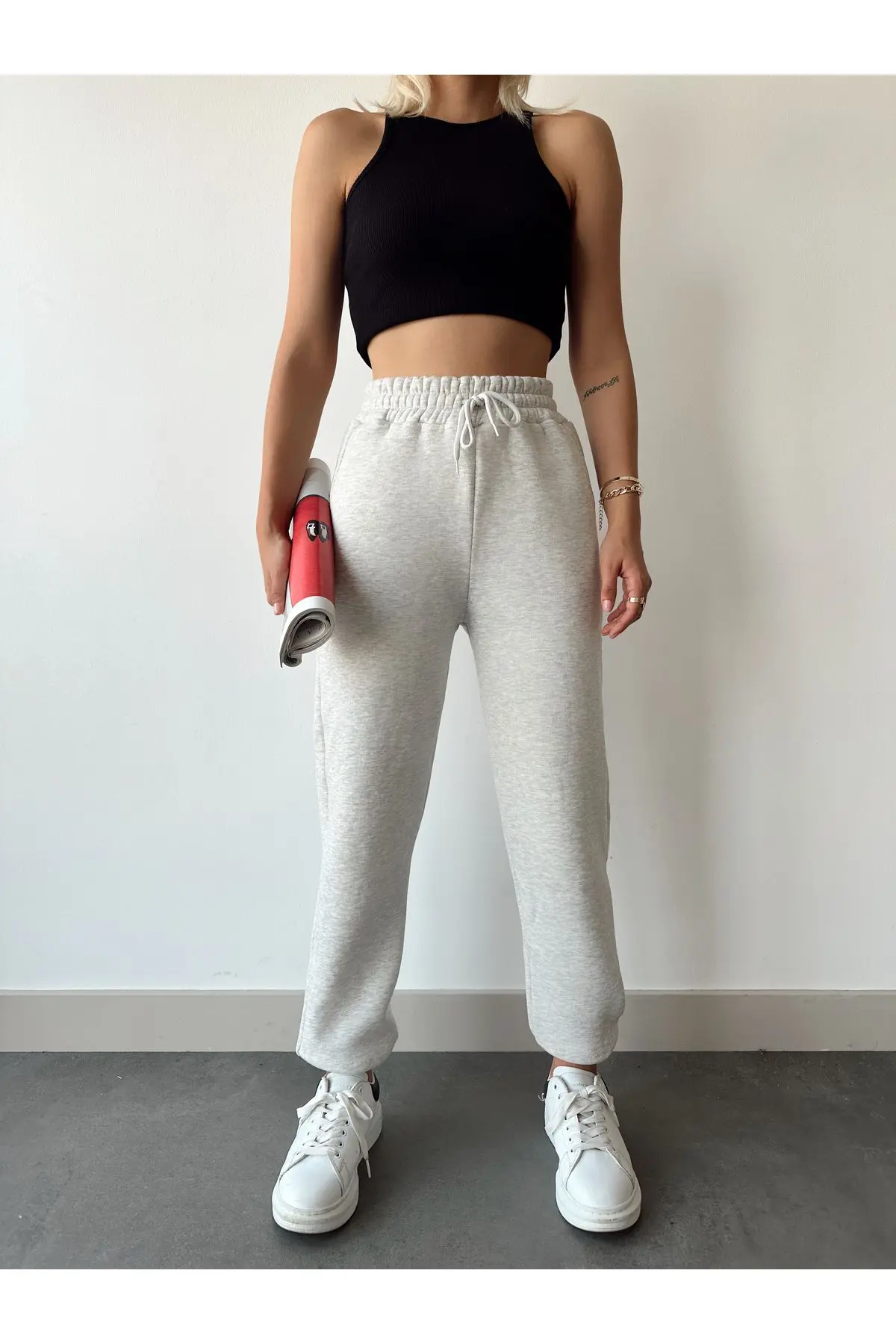 Kadın Açık Gri Kışlık Kalın İçi Polarlı Yüksek Bel Paçası Lastikli Basic Jogger Eşofman Altı