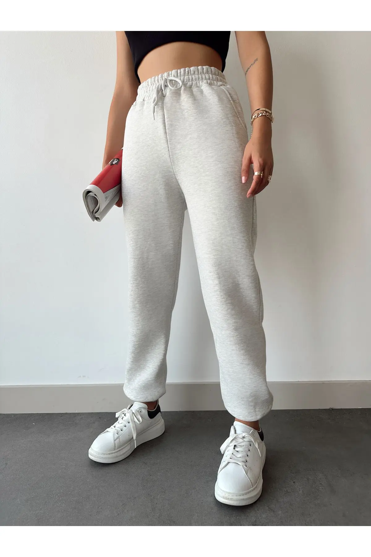 Kadın Açık Gri Kışlık Kalın İçi Polarlı Yüksek Bel Paçası Lastikli Basic Jogger Eşofman Altı