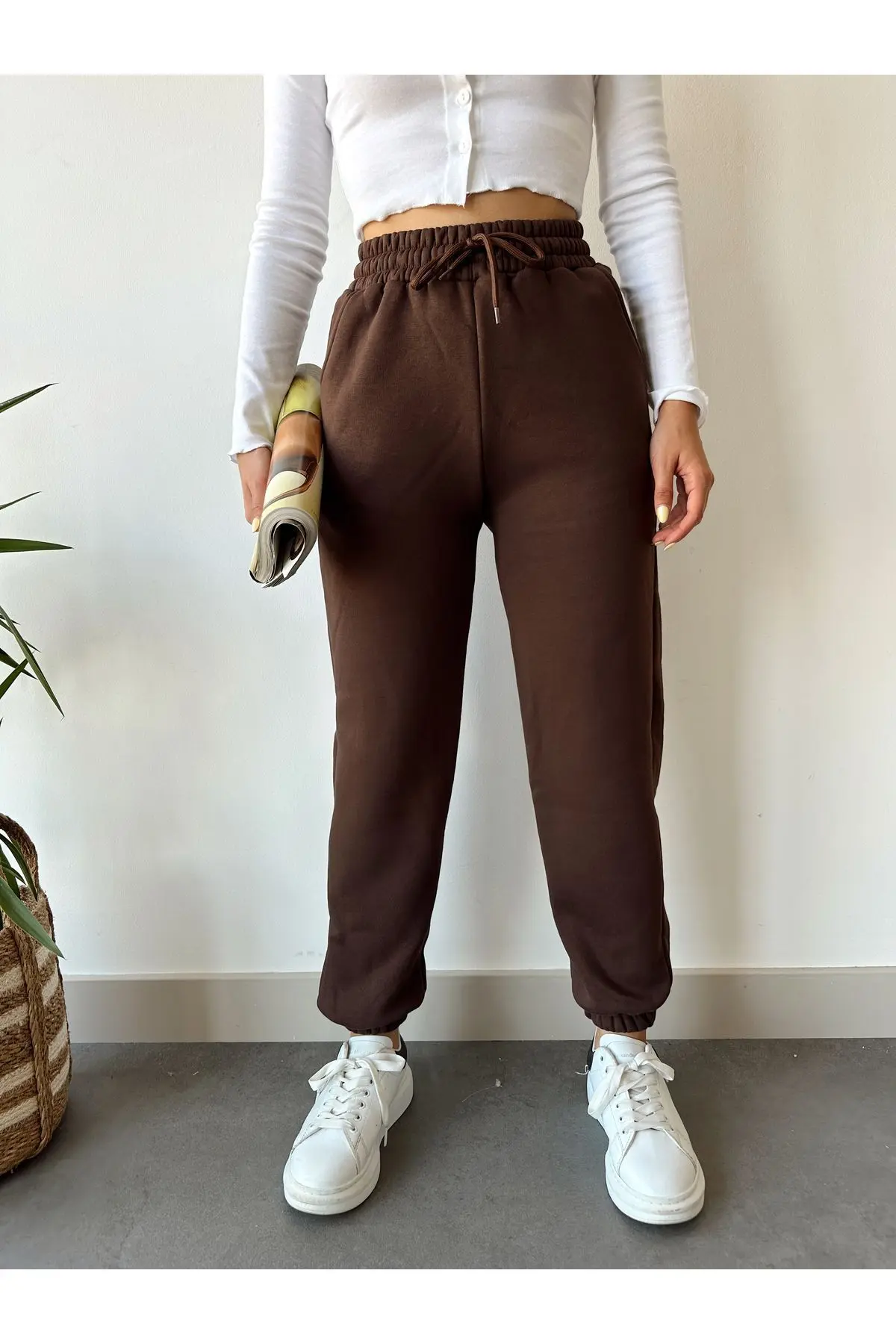 Kadın Kahverengi Kışlık Kalın İçi Polarlı Yüksek Bel Paçası Lastikli Basic Jogger Eşofman Altı