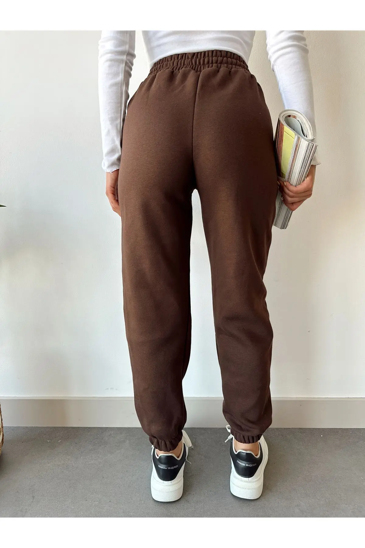 Kadın Kahverengi Kışlık Kalın İçi Polarlı Yüksek Bel Paçası Lastikli Basic Jogger Eşofman Altı