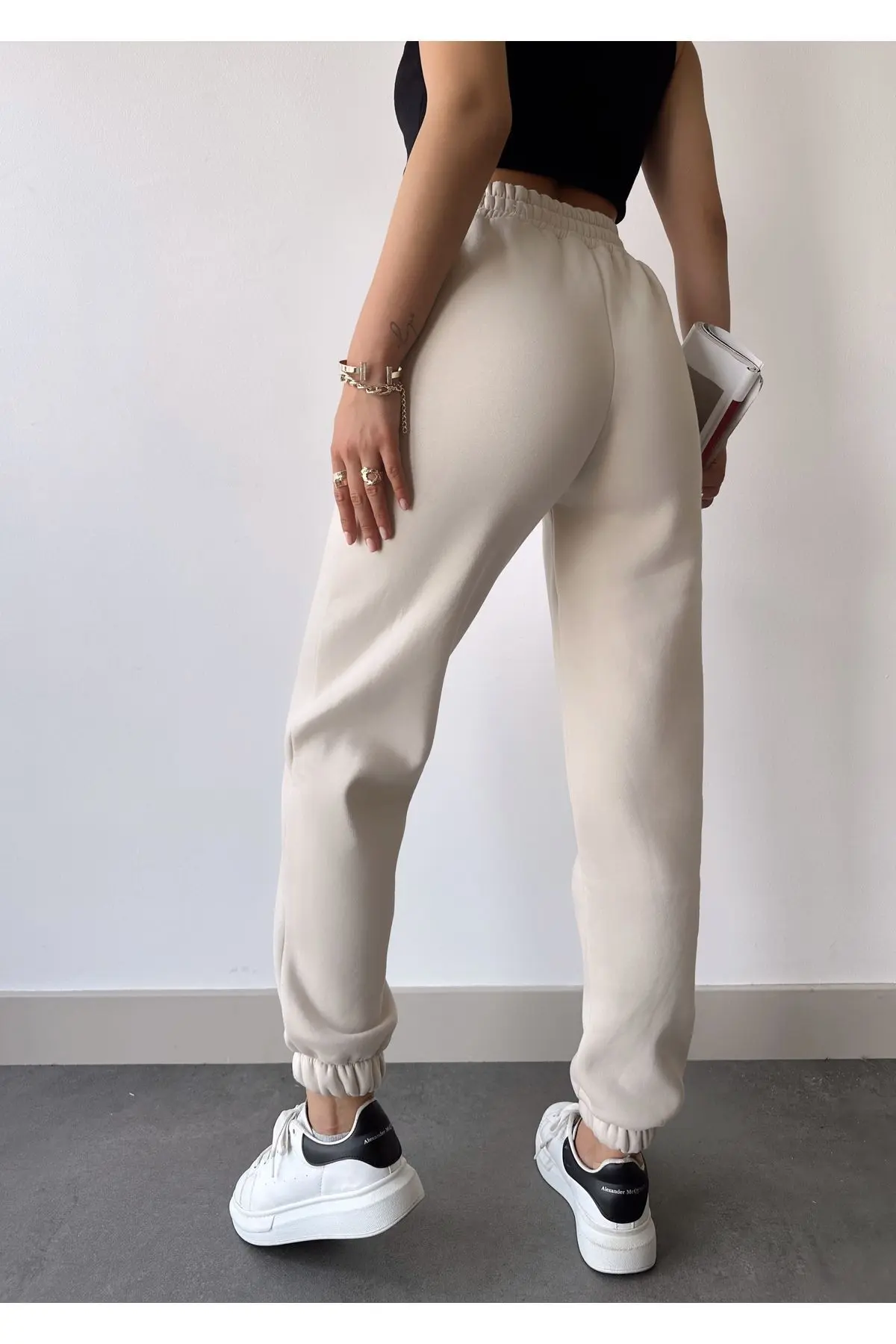Kadın Bej Kışlık Kalın İçi Polarlı Yüksek Bel Paçası Lastikli Basic Jogger Eşofman Altı