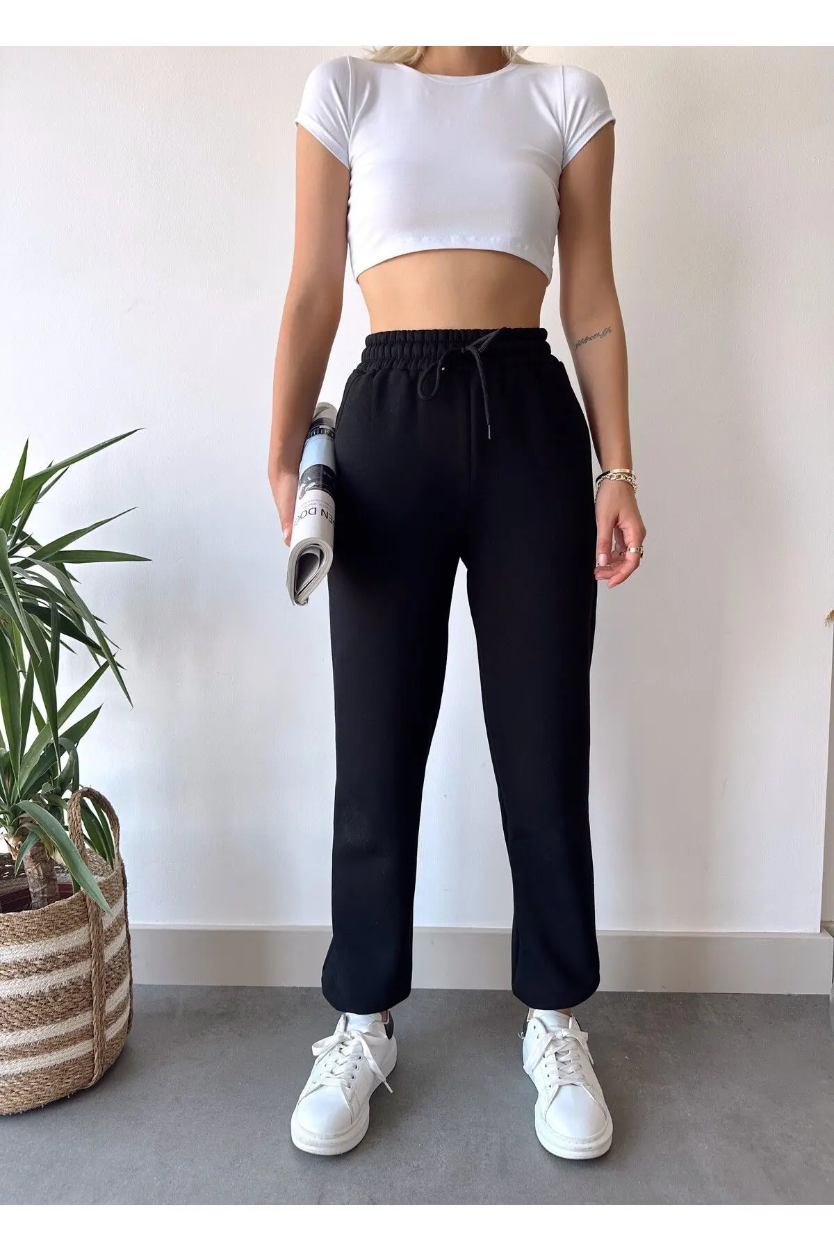 Kadın Siyah Kışlık Kalın İçi Polarlı Yüksek Bel Paçası Lastikli Basic Jogger Eşofman Altı