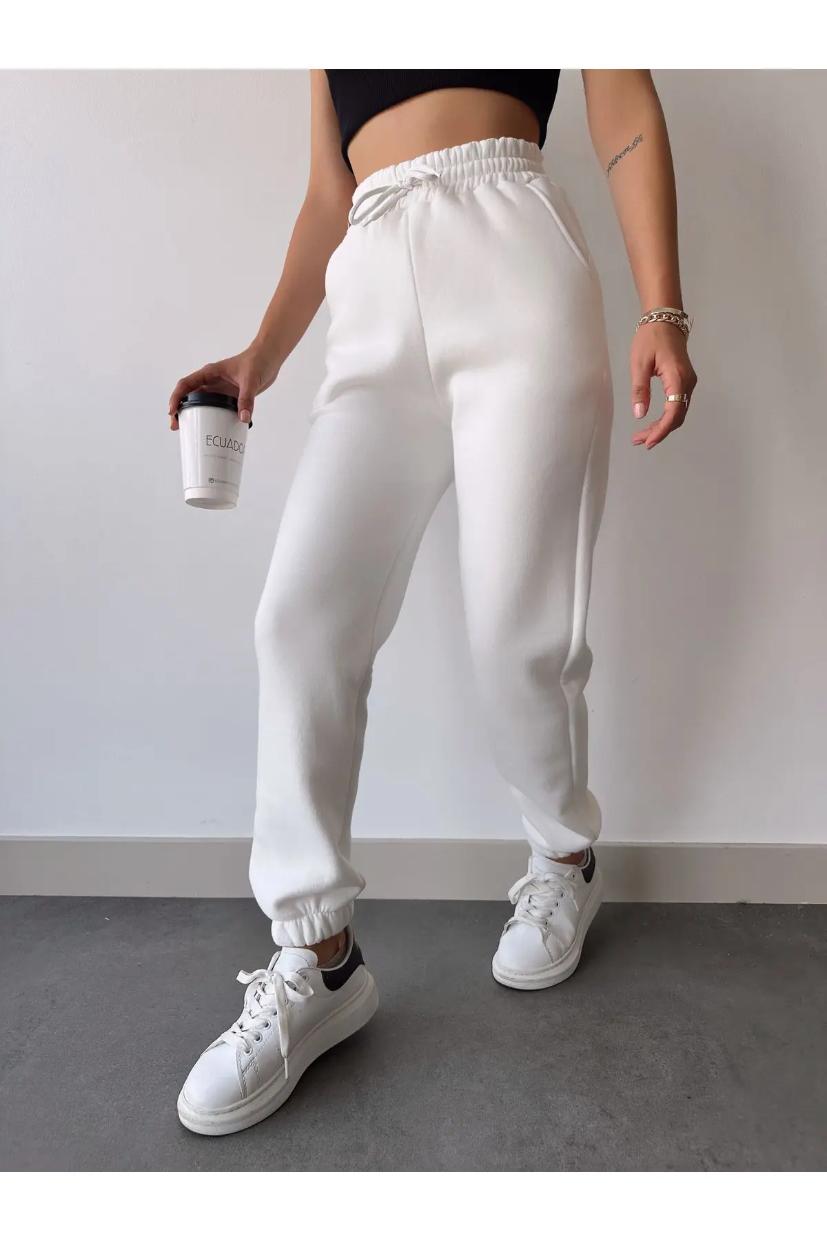Kadın Beyaz Kışlık Kalın İçi Polarlı Yüksek Bel Paçası Lastikli Basic Jogger Eşofman Altı