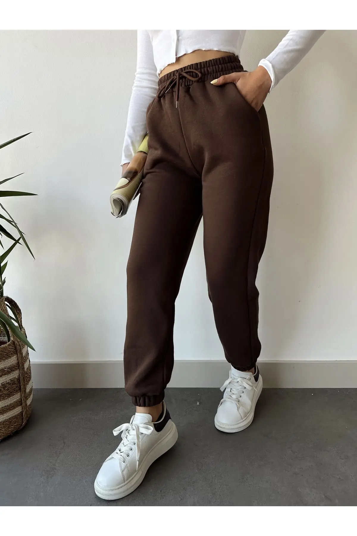 Kadın Kahverengi Kışlık Kalın İçi Polarlı Yüksek Bel Paçası Lastikli Basic Jogger Eşofman Altı