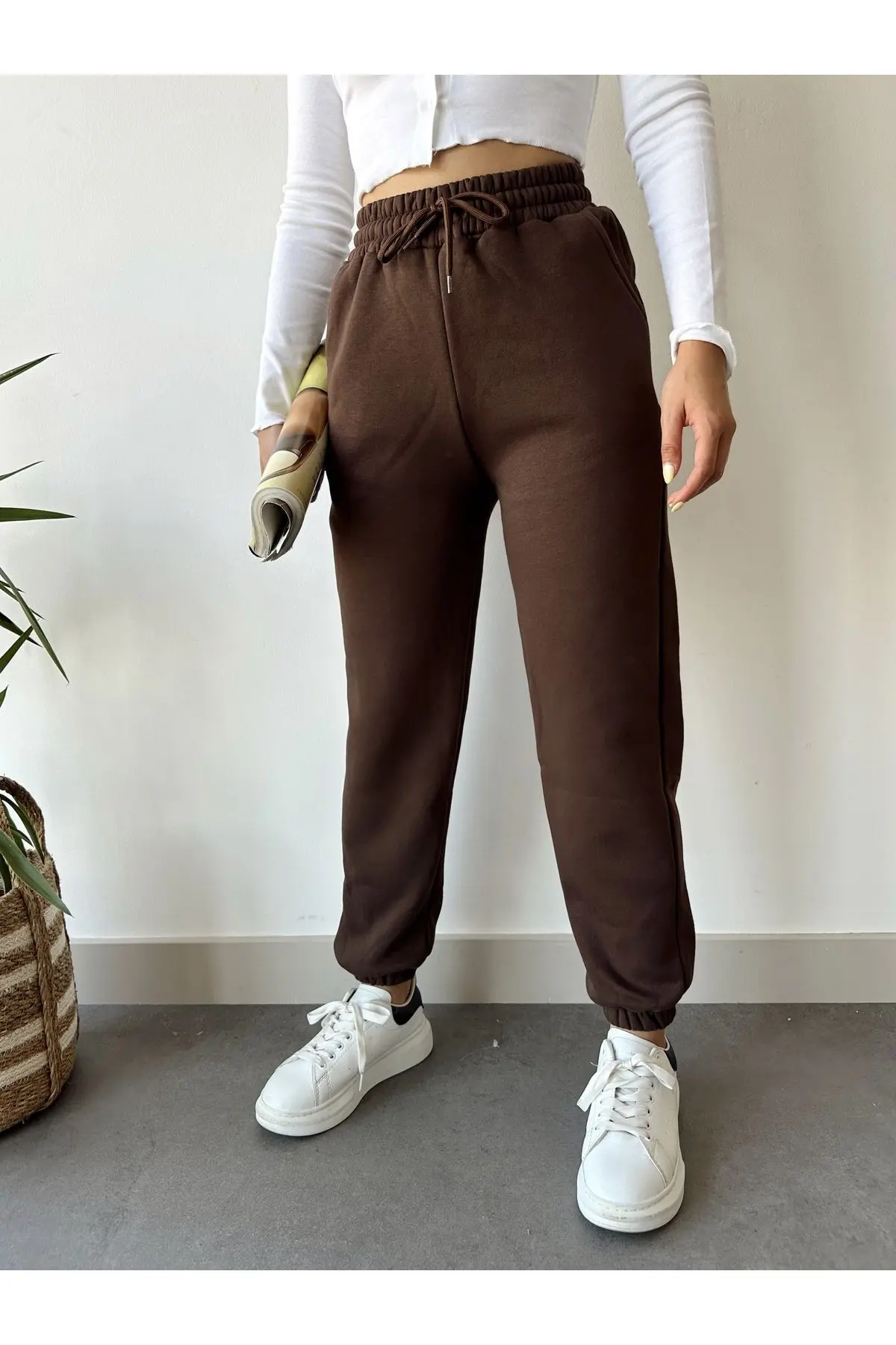 Kadın Kahverengi Kışlık Kalın İçi Polarlı Yüksek Bel Paçası Lastikli Basic Jogger Eşofman Altı