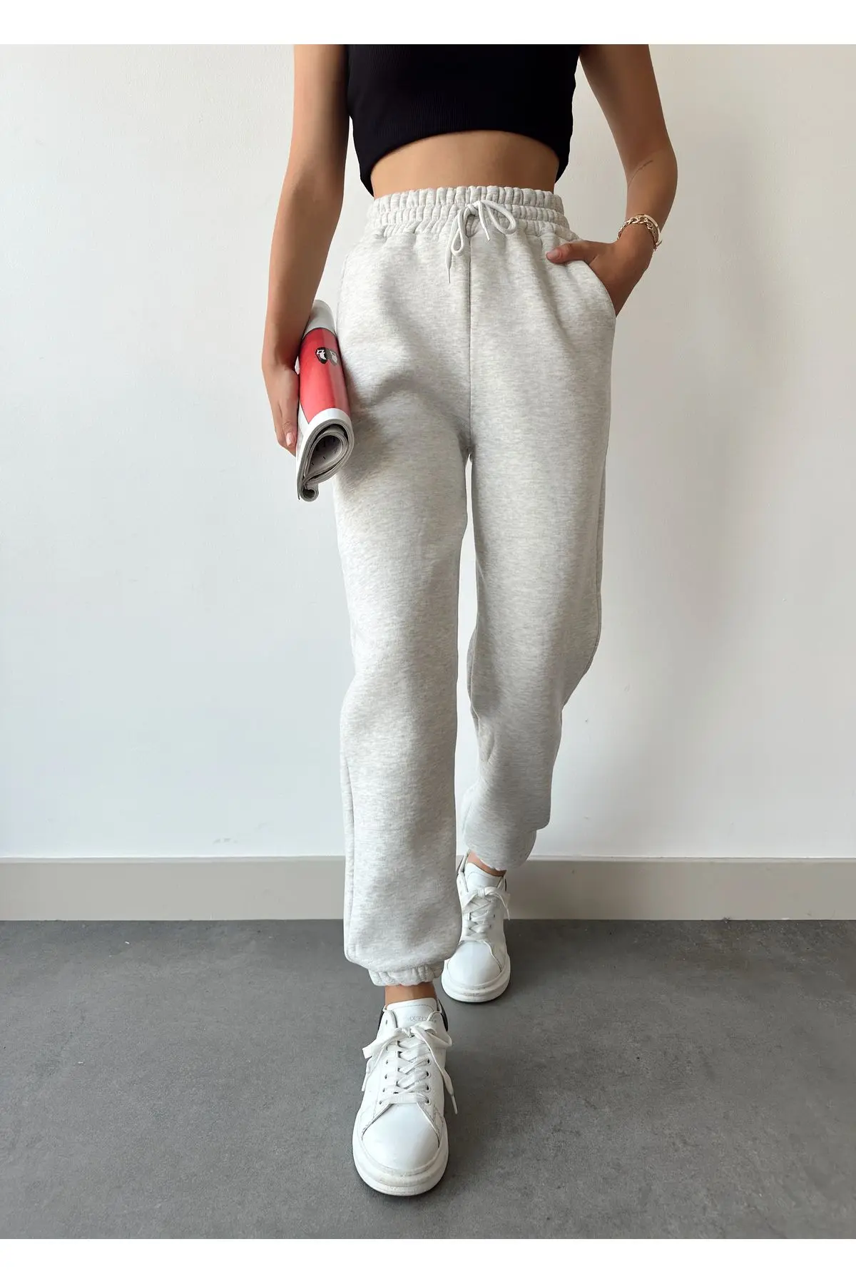 Kadın Açık Gri Kışlık Kalın İçi Polarlı Yüksek Bel Paçası Lastikli Basic Jogger Eşofman Altı
