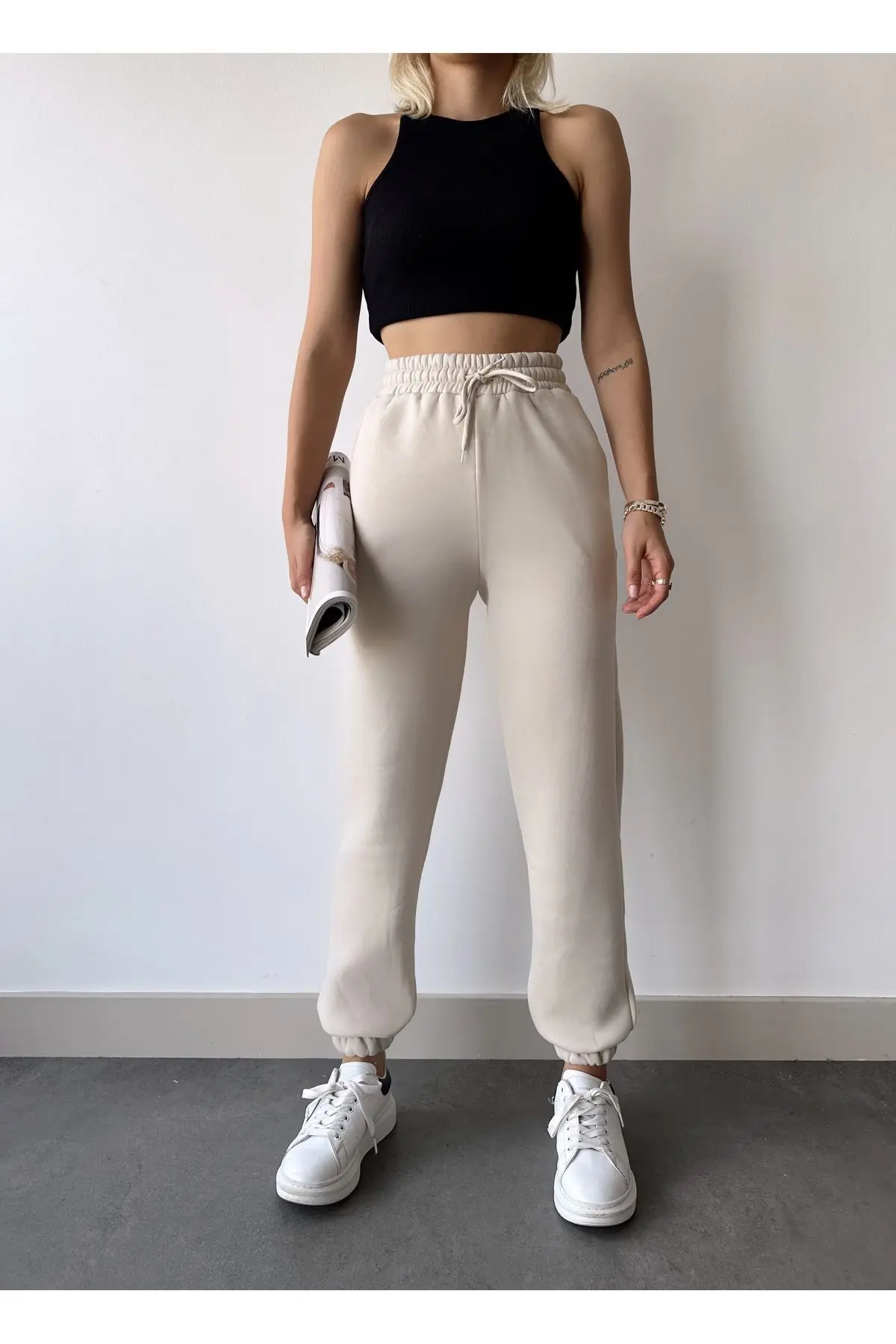 Kadın Bej Kışlık Kalın İçi Polarlı Yüksek Bel Paçası Lastikli Basic Jogger Eşofman Altı
