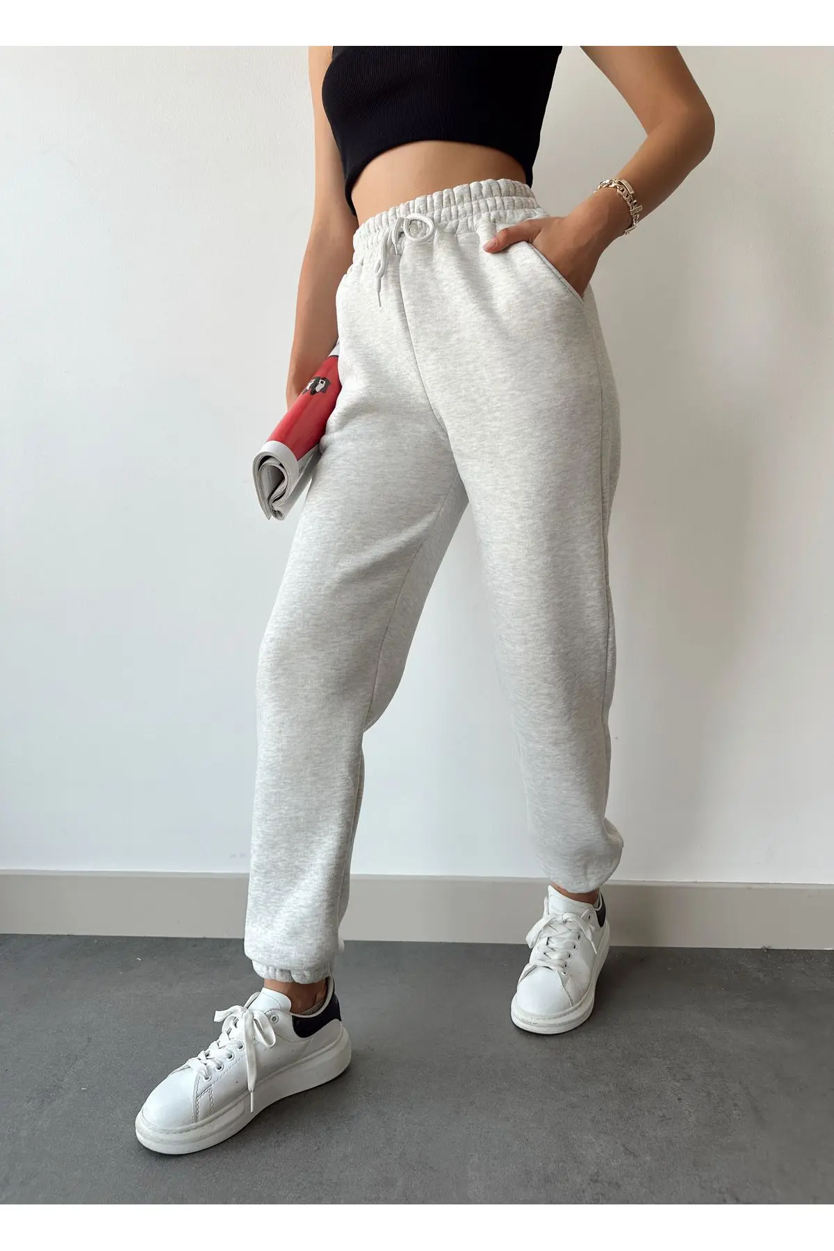 Kadın Açık Gri Kışlık Kalın İçi Polarlı Yüksek Bel Paçası Lastikli Basic Jogger Eşofman Altı