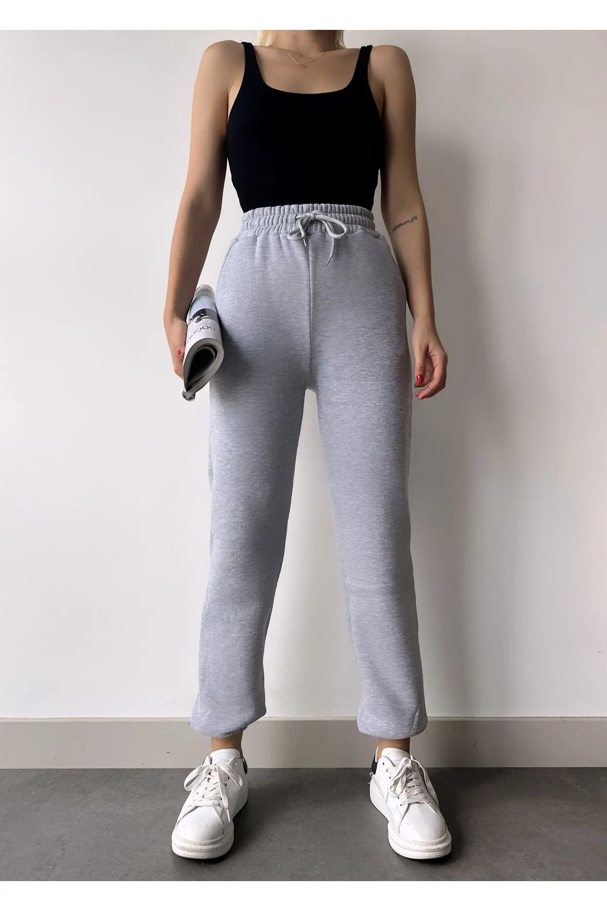 Kadın Gri Kışlık Kalın İçi Polarlı Yüksek Bel Paçası Lastikli Basic Jogger Eşofman Altı