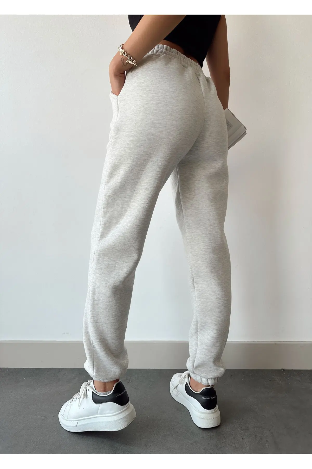 Kadın Açık Gri Kışlık Kalın İçi Polarlı Yüksek Bel Paçası Lastikli Basic Jogger Eşofman Altı