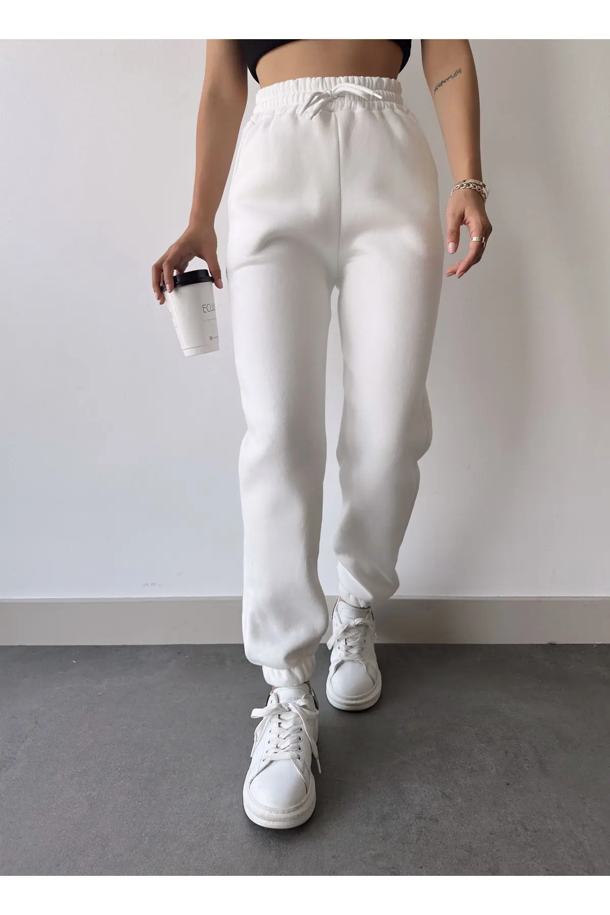 Kadın Beyaz Kışlık Kalın İçi Polarlı Yüksek Bel Paçası Lastikli Basic Jogger Eşofman Altı