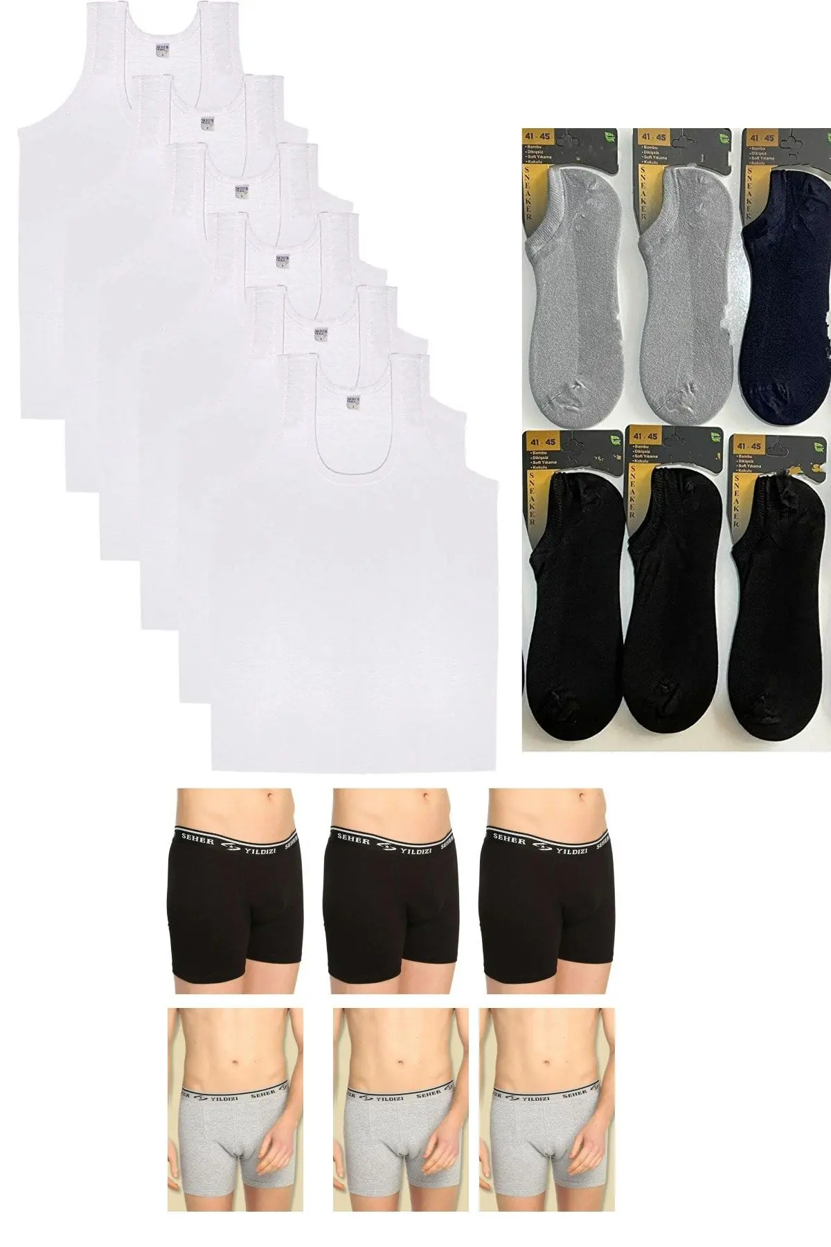 Seher Yıldızı 6'lı Penye Beyaz Erkek Atlet-6'lı Likra Boxer-6'lı bambu kısa çorap Takım