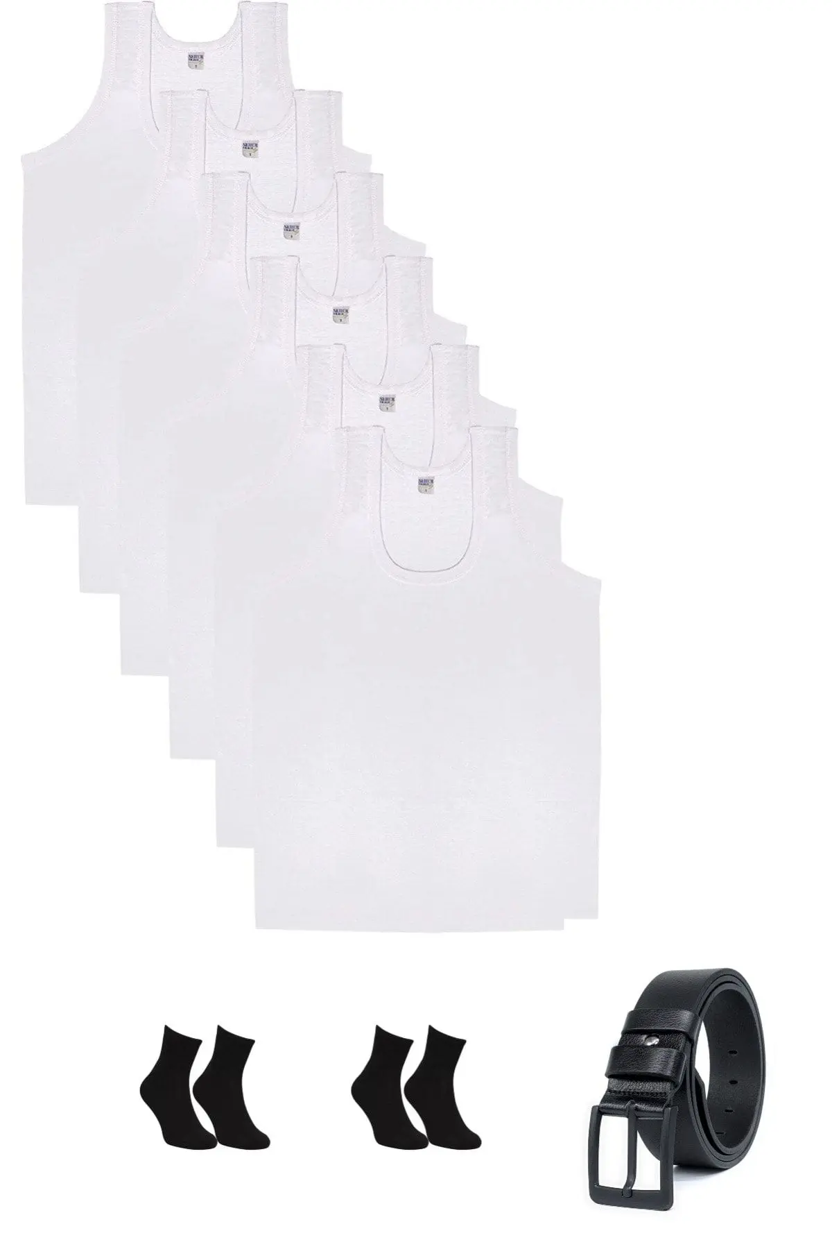 Seher Yıldızı 6'lı Penye Beyaz Erkek Atlet %100 Pamuklu Atlet Kemer Ve 2 Çift Çorap