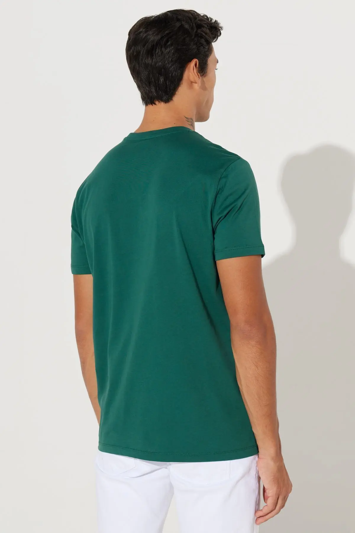 Erkek Koyu Yeşil Slim Fit Dar Kesim %100 Pamuk Bisiklet Yaka Basic Tişört