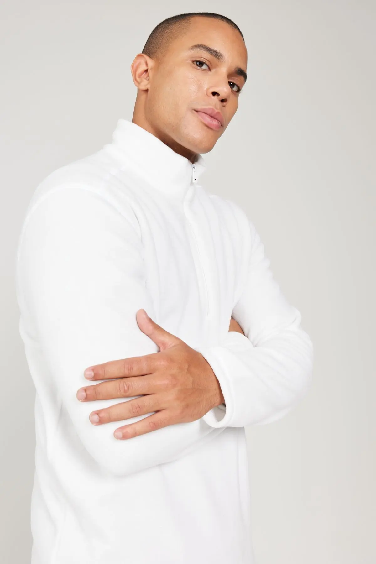 Erkek Beyaz Anti-pilling Tüylenme Yapmayan Standart Fit Dik Yaka Soğuk Geçirmez Polar Sweatshirt