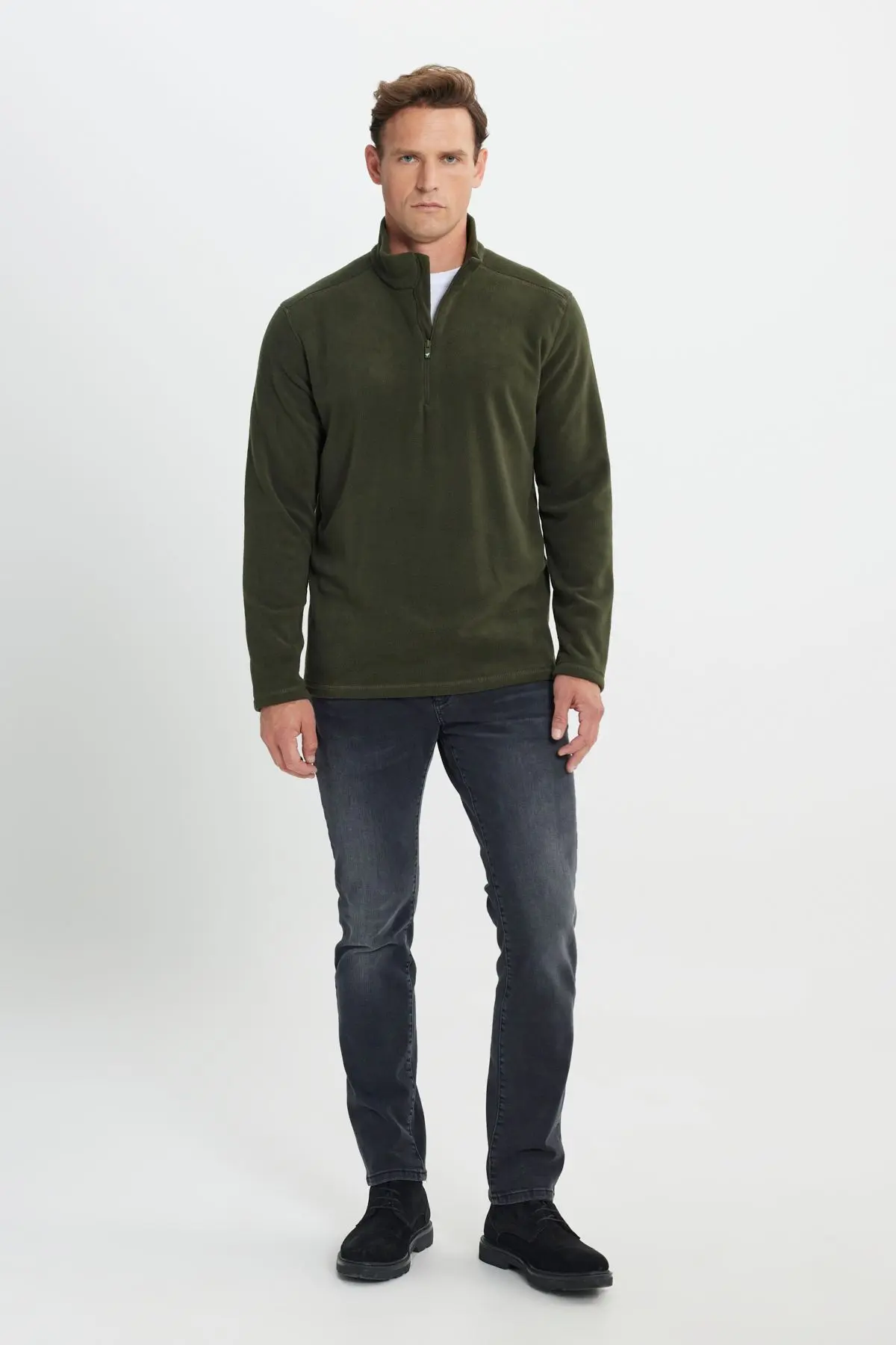 Erkek Haki Anti-pilling Tüylenme Yapmayan Standart Fit Dik Yaka Soğuk Geçirmez Polar Sweatshirt