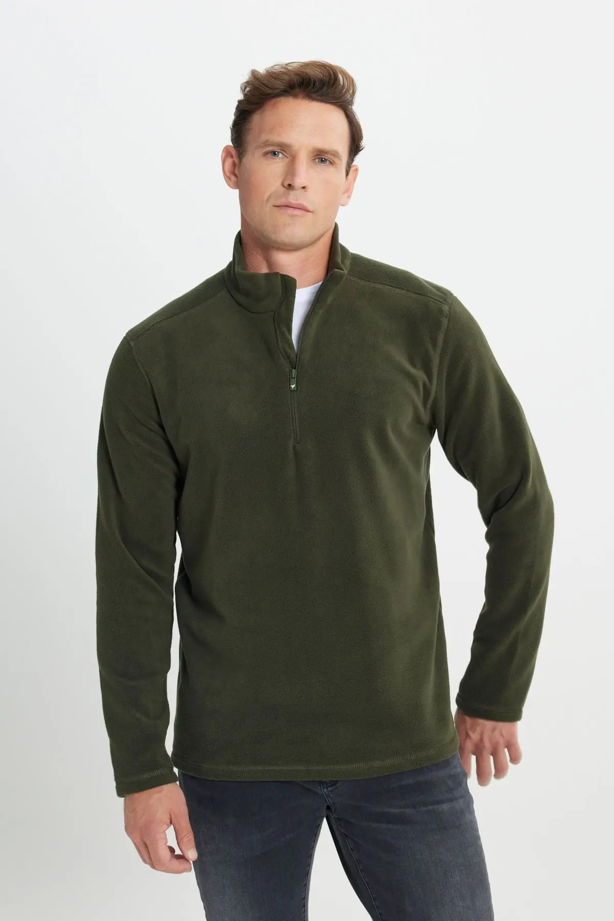 Erkek Haki Anti-pilling Tüylenme Yapmayan Standart Fit Dik Yaka Soğuk Geçirmez Polar Sweatshirt