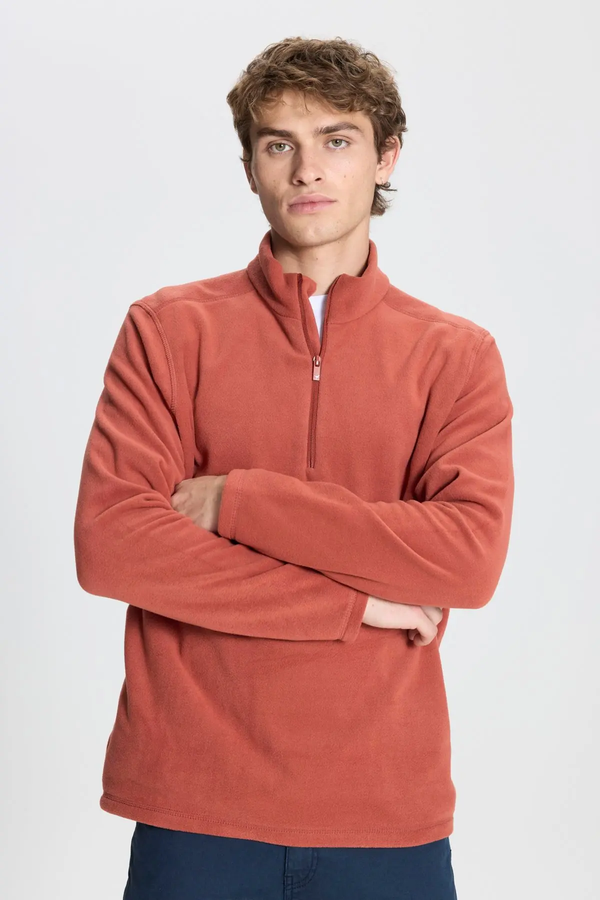 Erkek Açık Kahve Anti-Pilling Tüylenme Yapmayan Standart Fit Dik Yaka Polar Sweatshirt