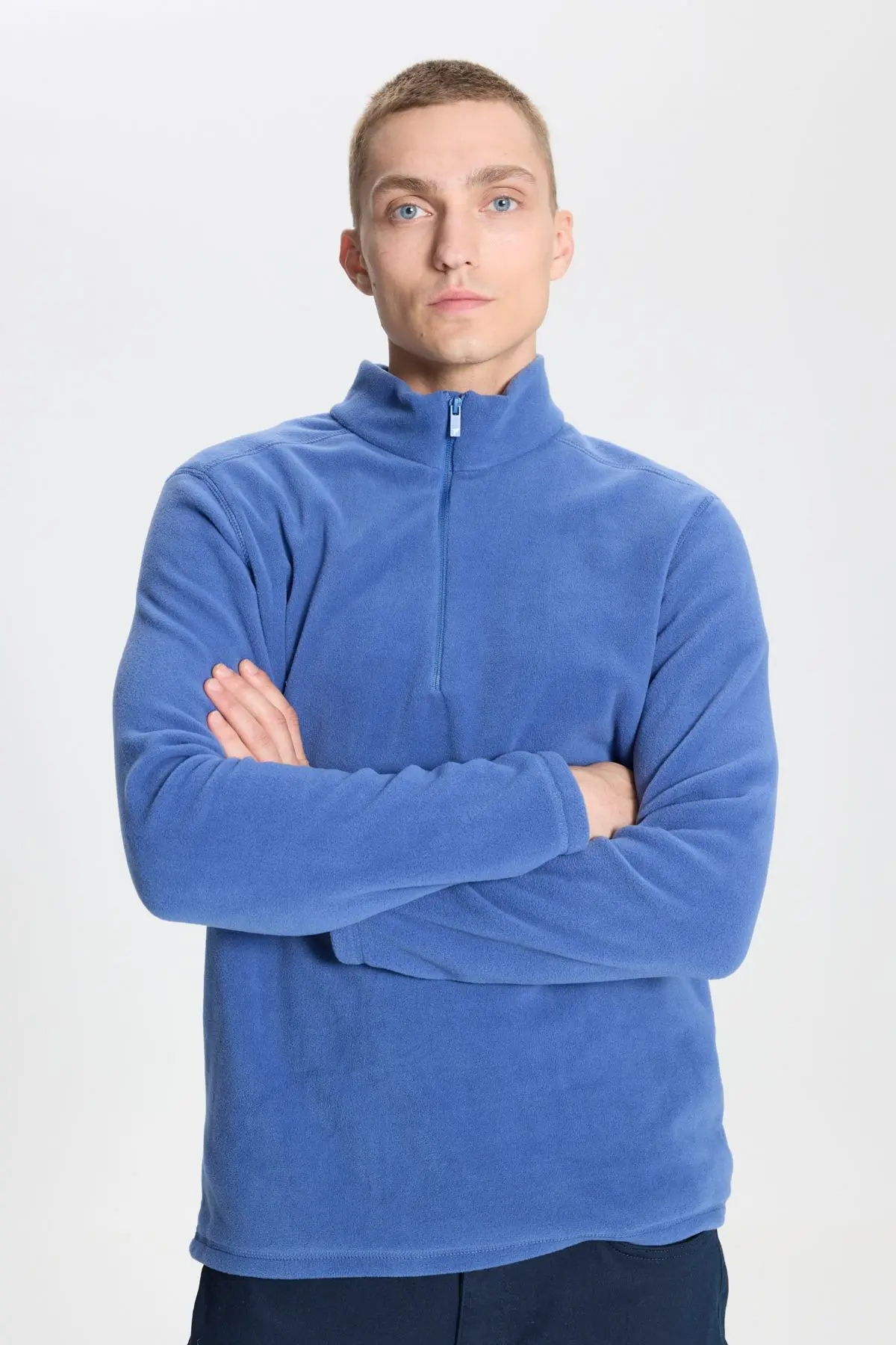 Erkek Indigo Anti-pilling Tüylenme Yapmayan Standart Fit Dik Yaka Soğuk Geçirmez Polar Sweatshirt