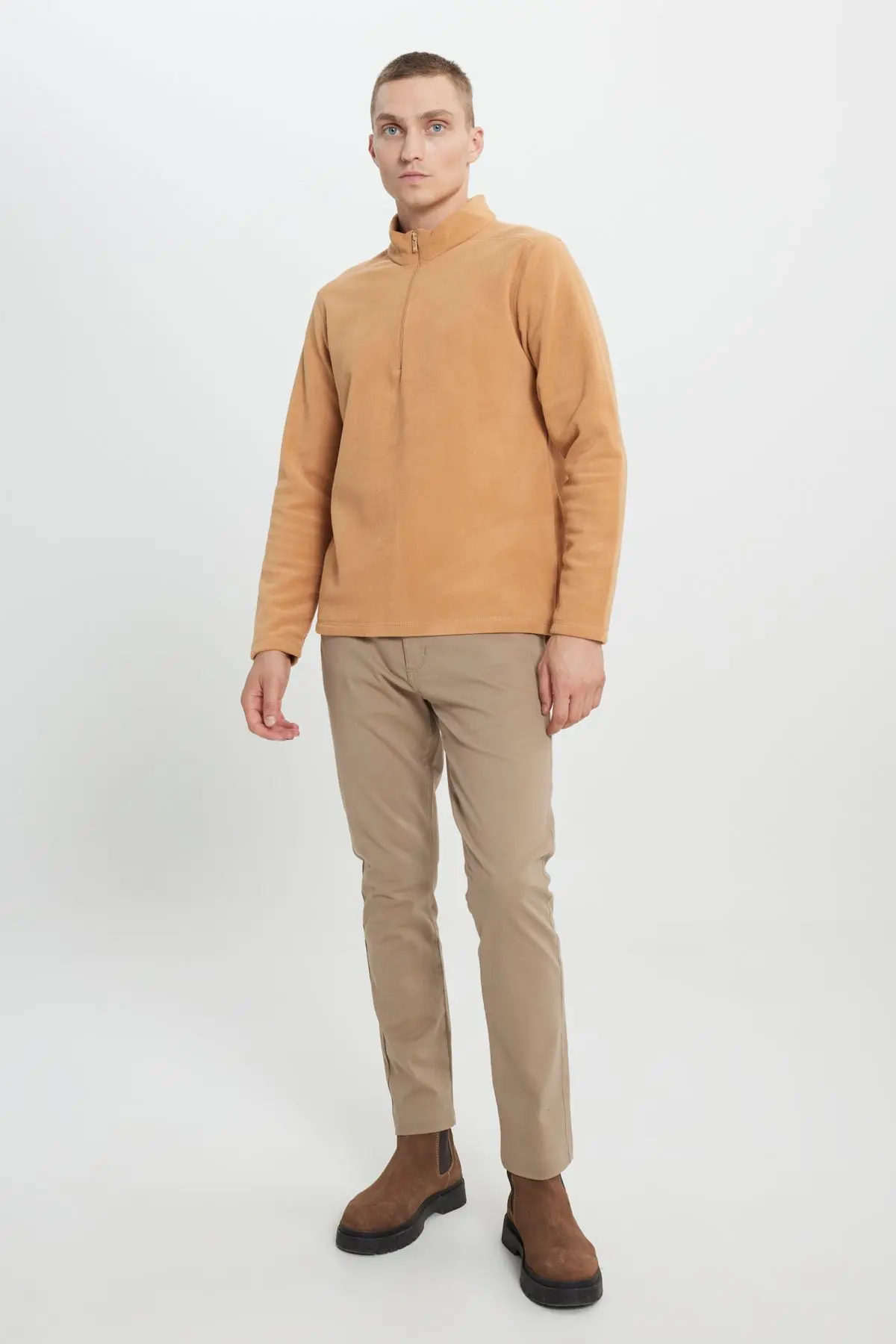 Erkek Karamel Anti-pilling Tüylenme Yapmayan Standart Fit Dik Yaka Soğuk Geçirmez Polar Sweatshirt